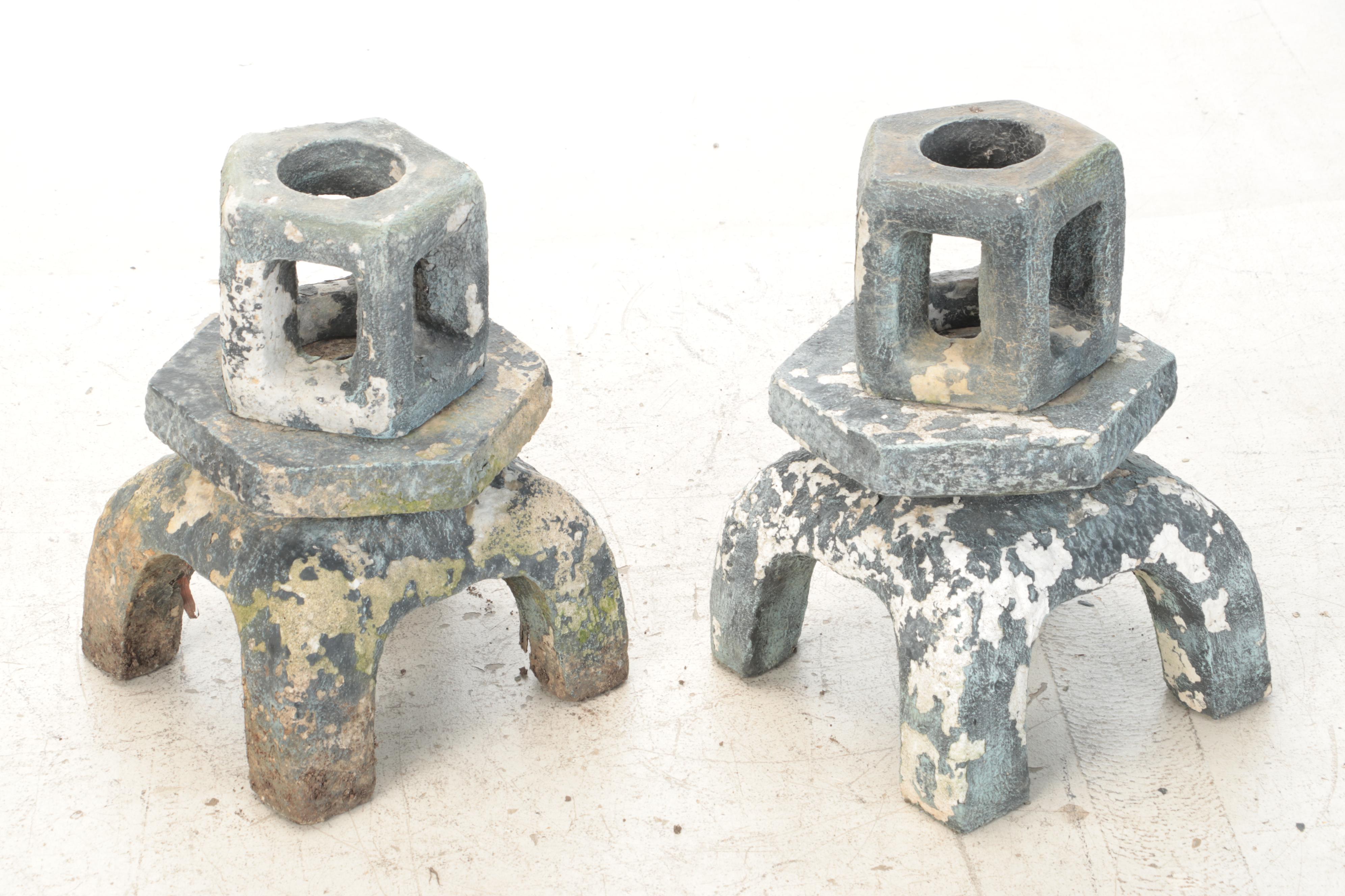 Two Painted Concrete Garden Pagoda Statues