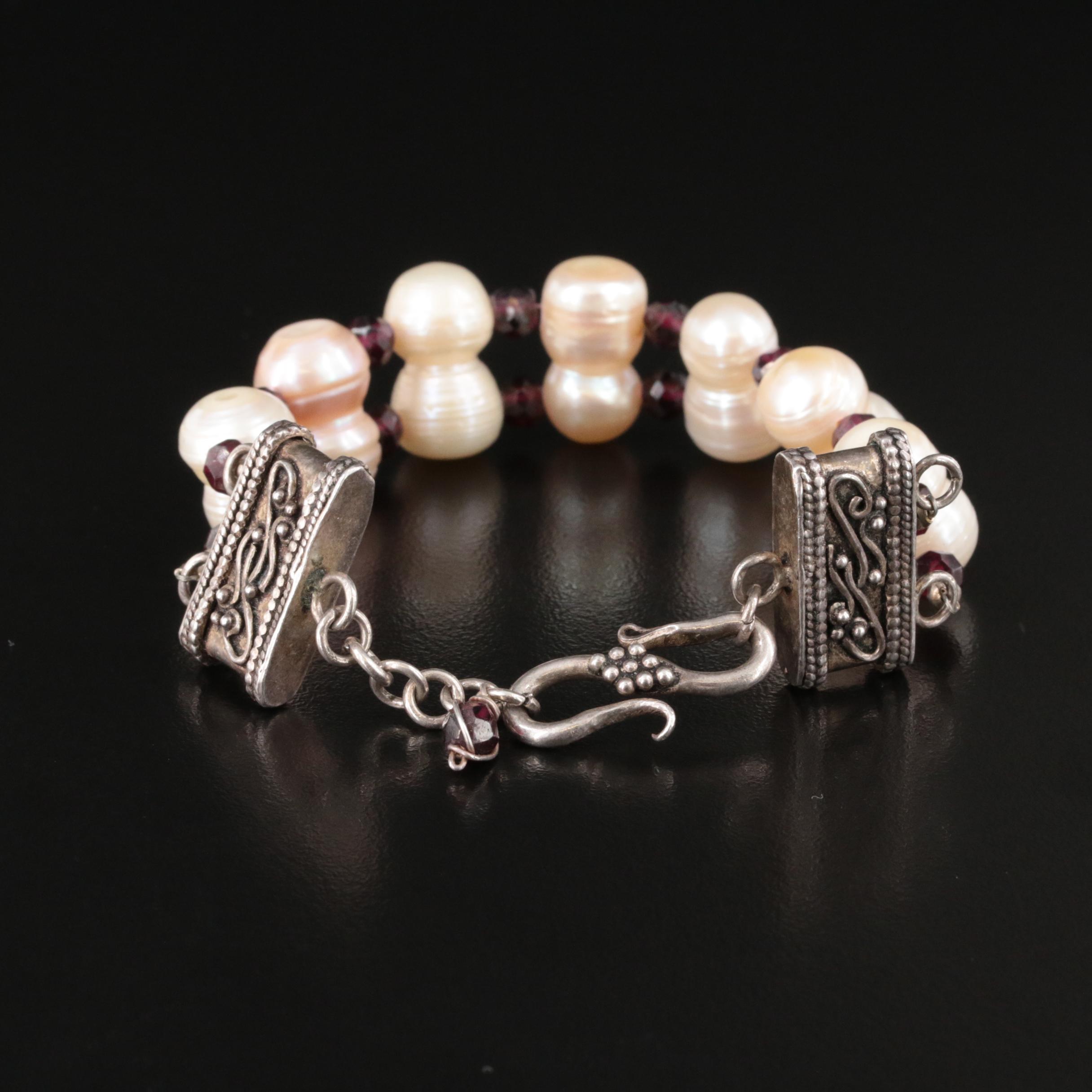 Sterling Pearl and Garnet Double Row Bracelet