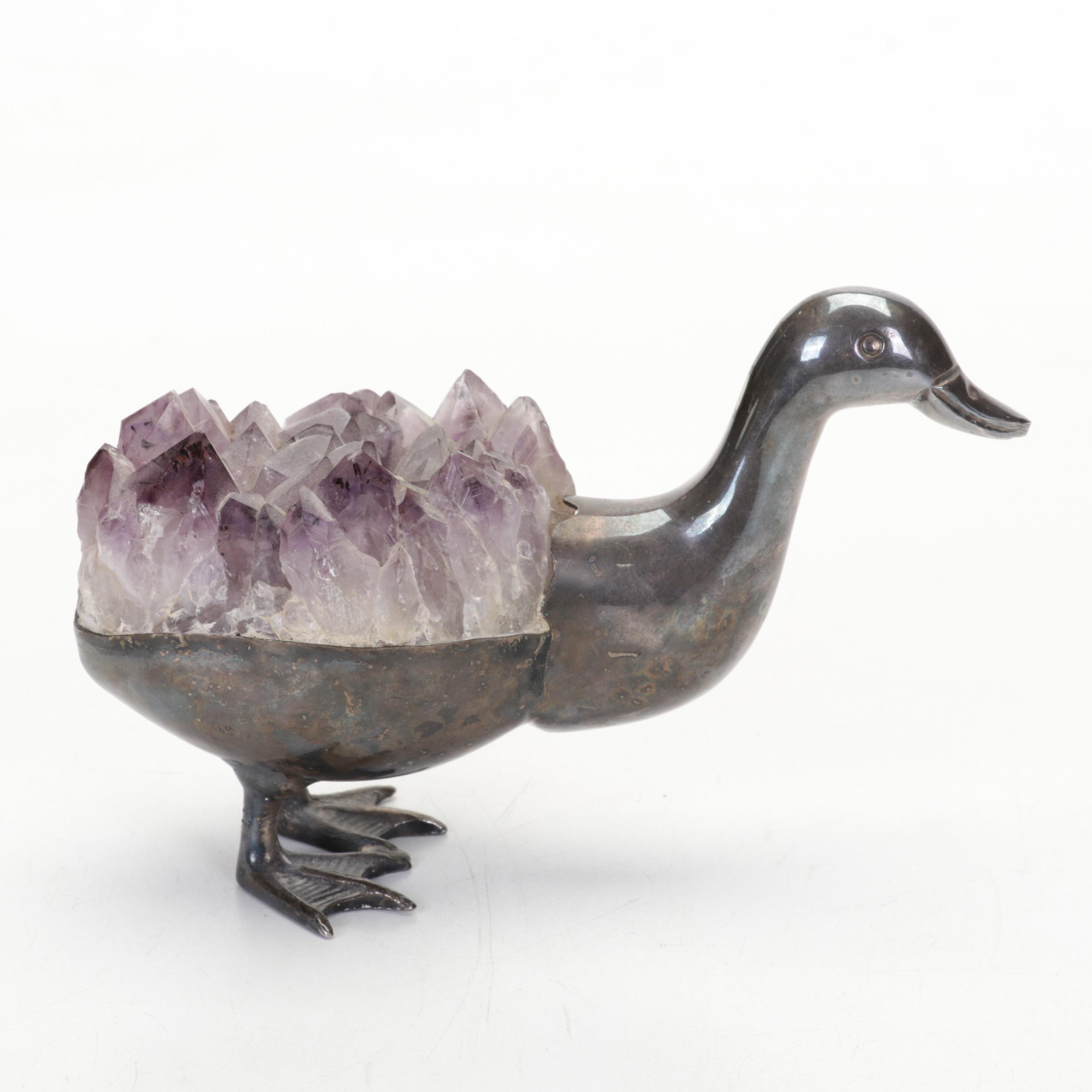 Gerson Silver Plate and Amethyst Duck Sculpture, Mid 20th Century