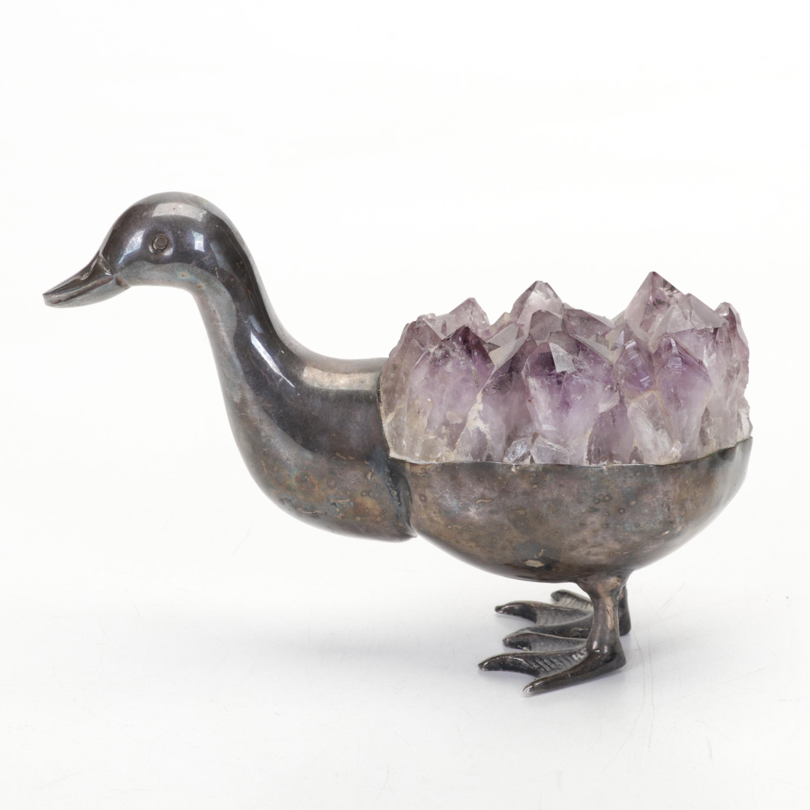Gerson Silver Plate and Amethyst Duck Sculpture, Mid 20th Century