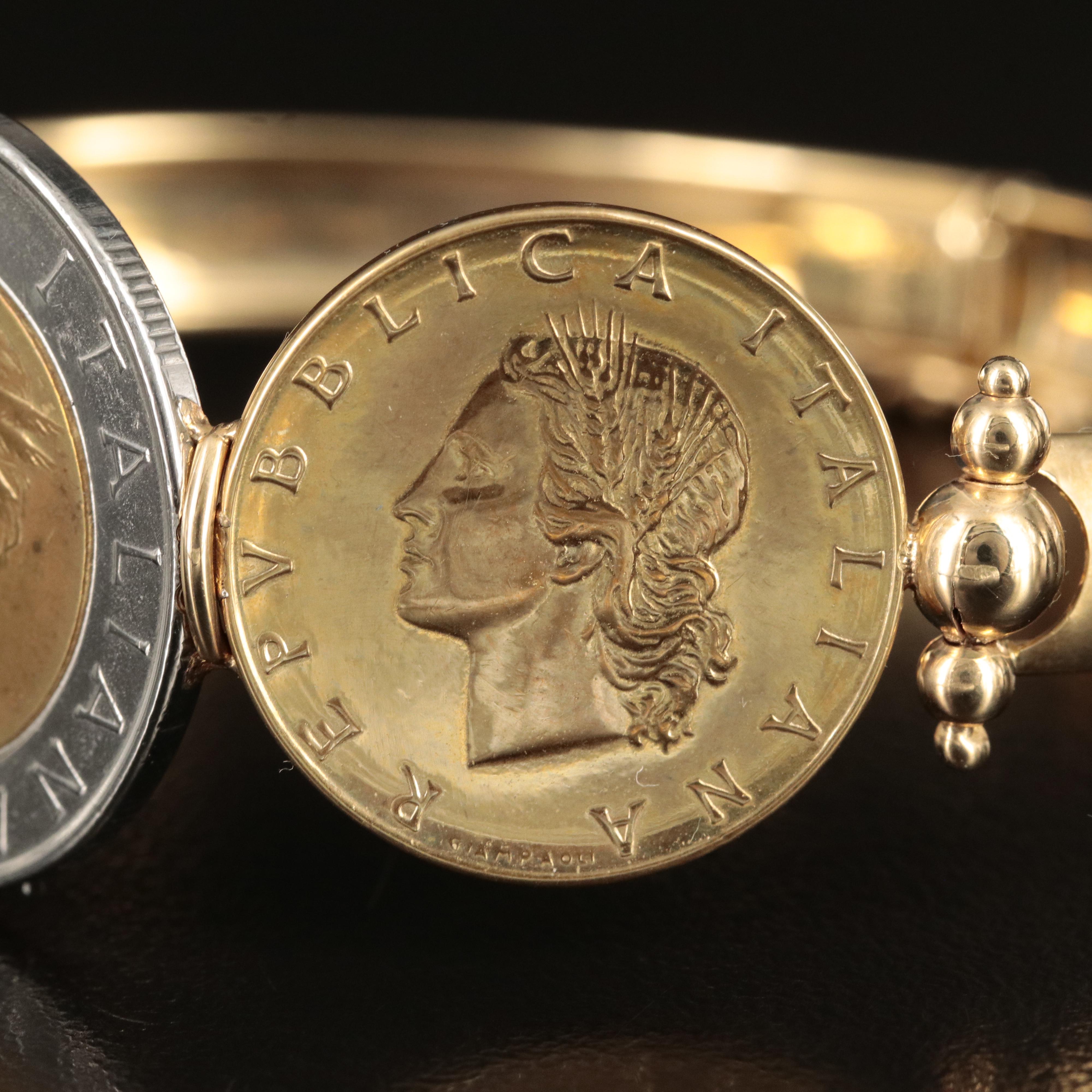 Italian Milor 14K Bracelet Including 20-Lire and One 500-Lire Italian Coin