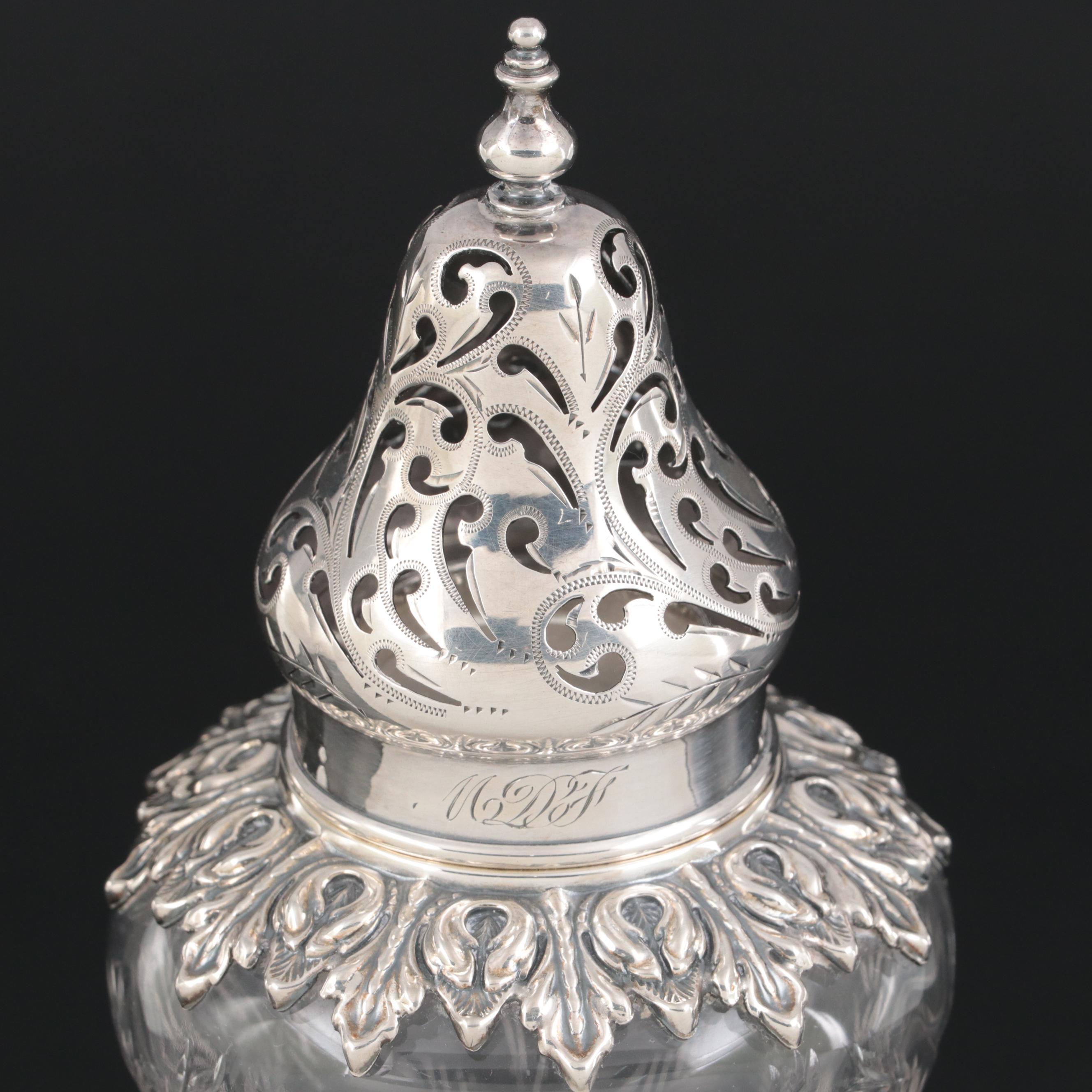 Wm. B. Durgin Co. Neoclassical Style Cut Glass and Sterling Silver Muffineer