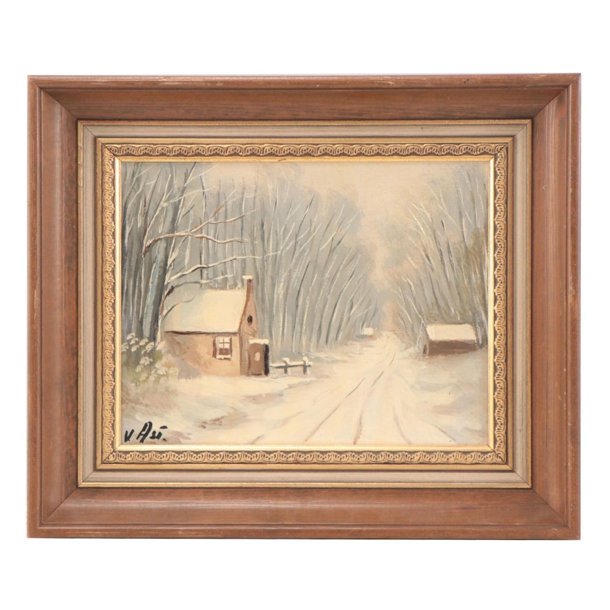 Snowy Winter Road Landscape Oil Painting, Late 20th Century