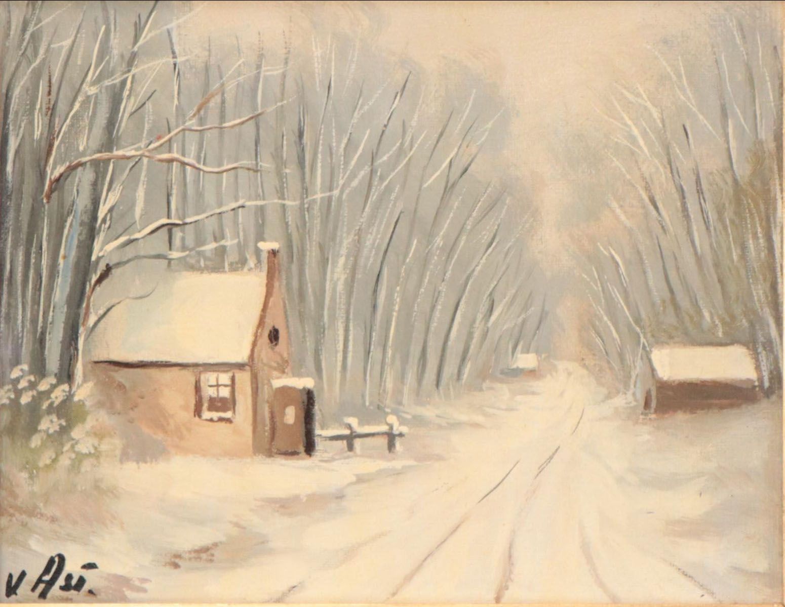 Snowy Winter Road Landscape Oil Painting, Late 20th Century