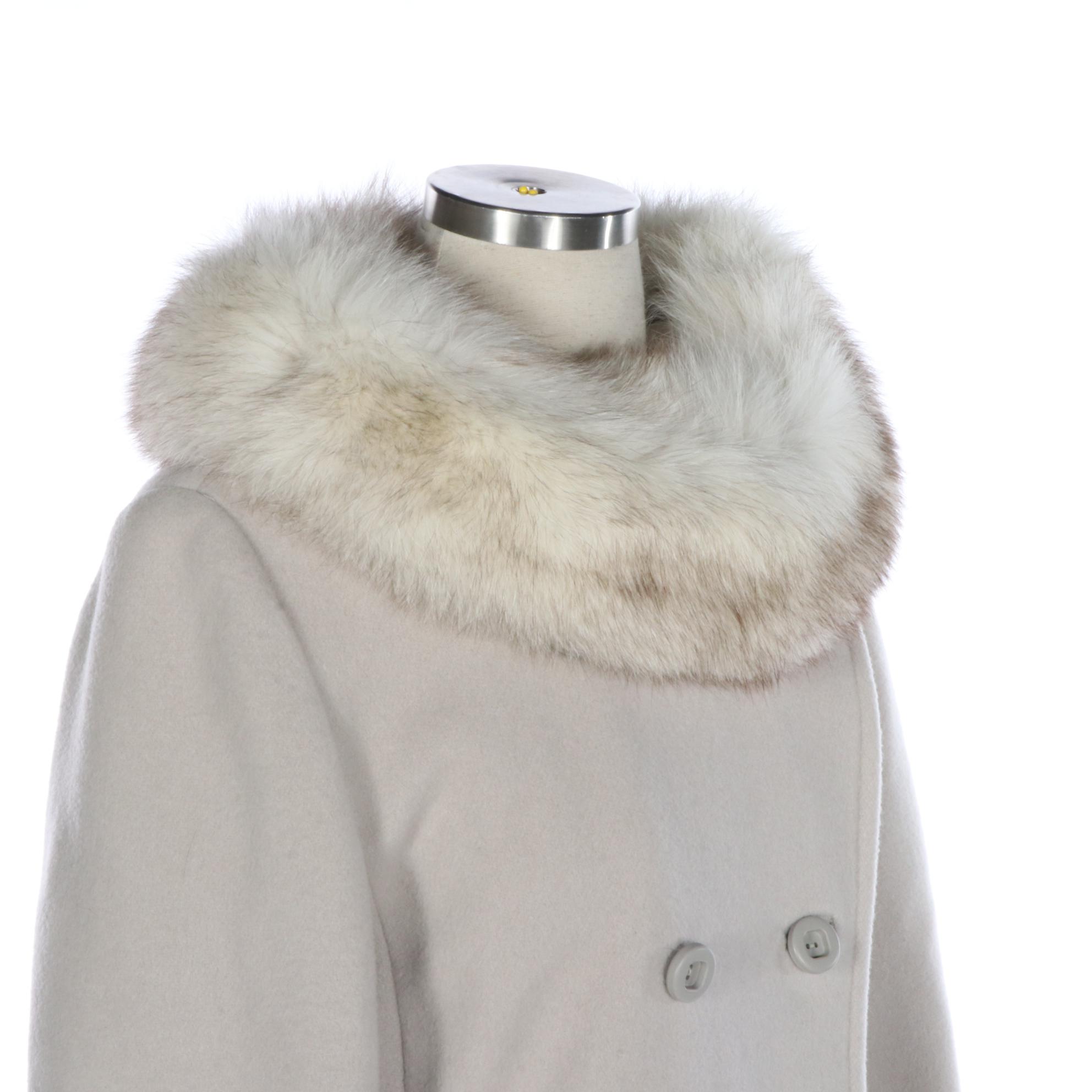 Wool Double-Breasted Coat with Fox Fur Collar