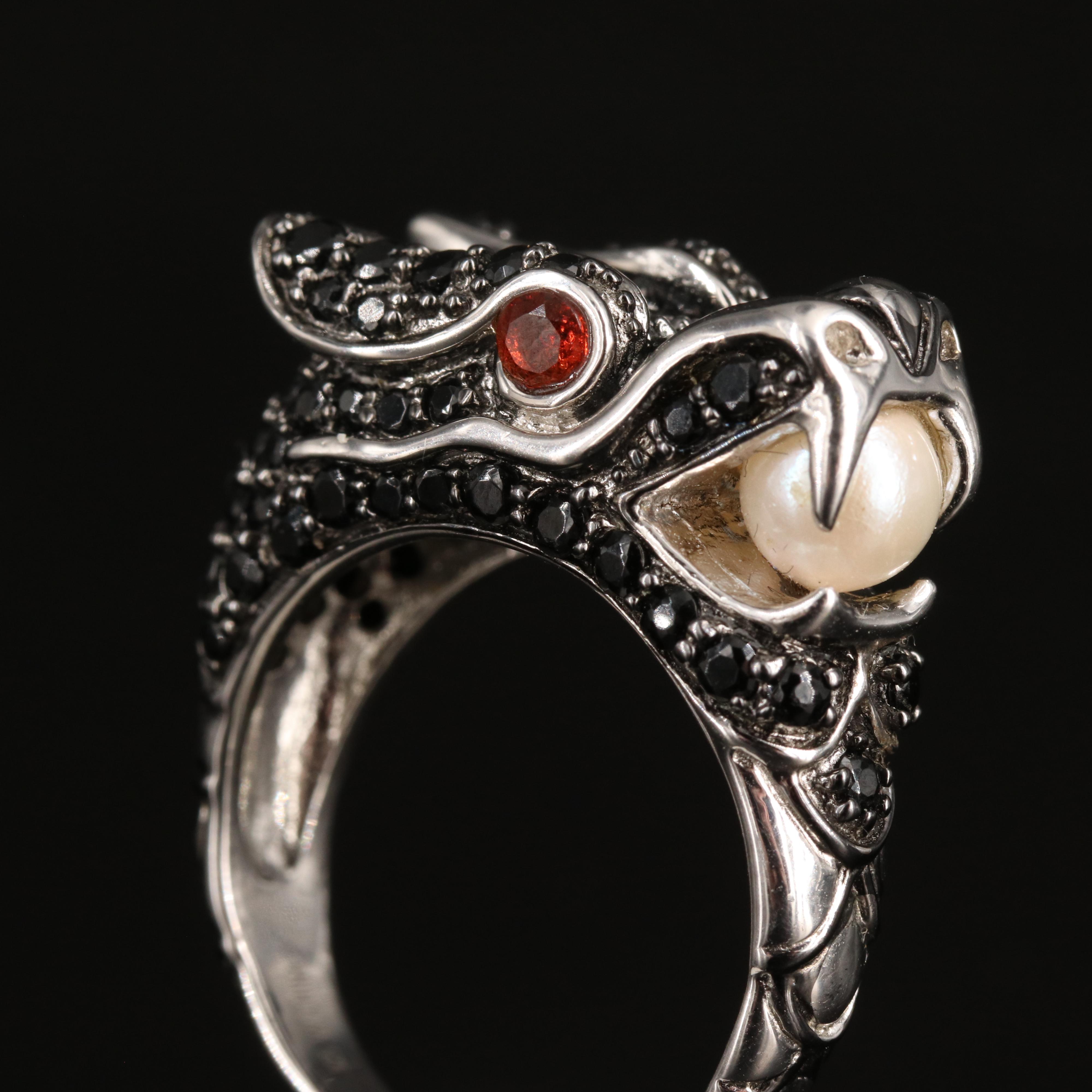 Sterling Pearl, Black Onyx and Garnet Chinese New Year Dragon Ring