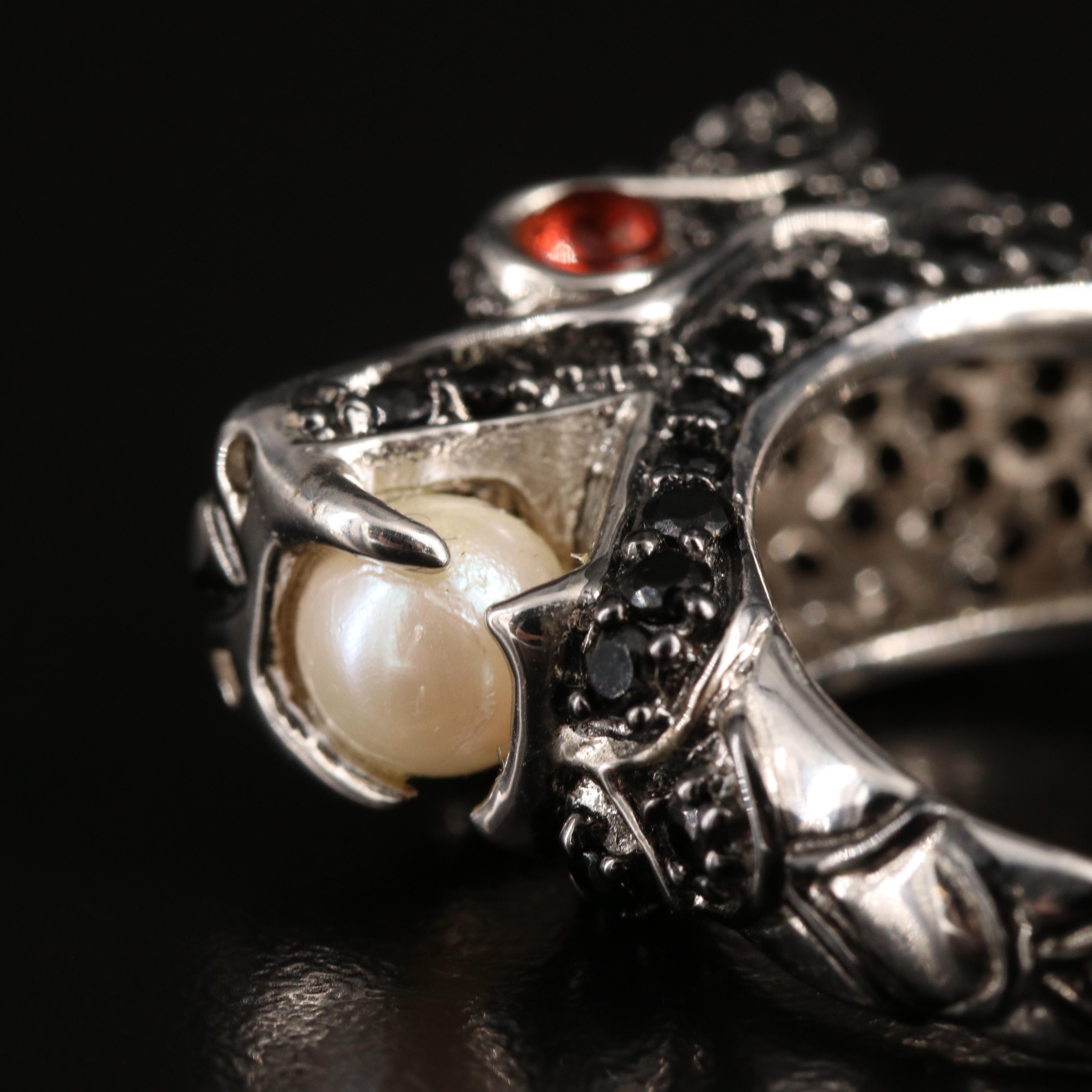 Sterling Pearl, Black Onyx and Garnet Chinese New Year Dragon Ring