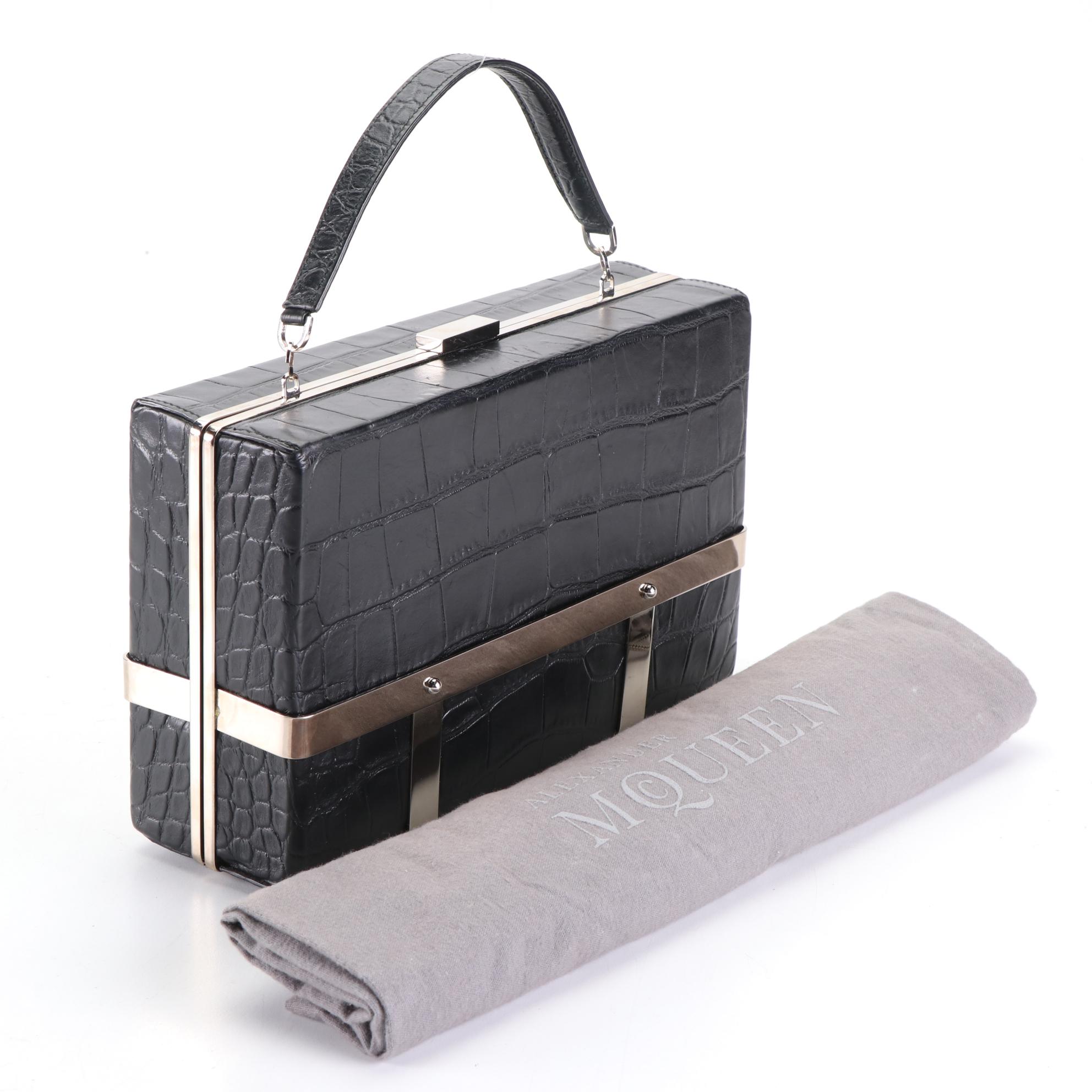 Alexander McQueen Cage Clutch Handbag in Croc-Embossed Leather