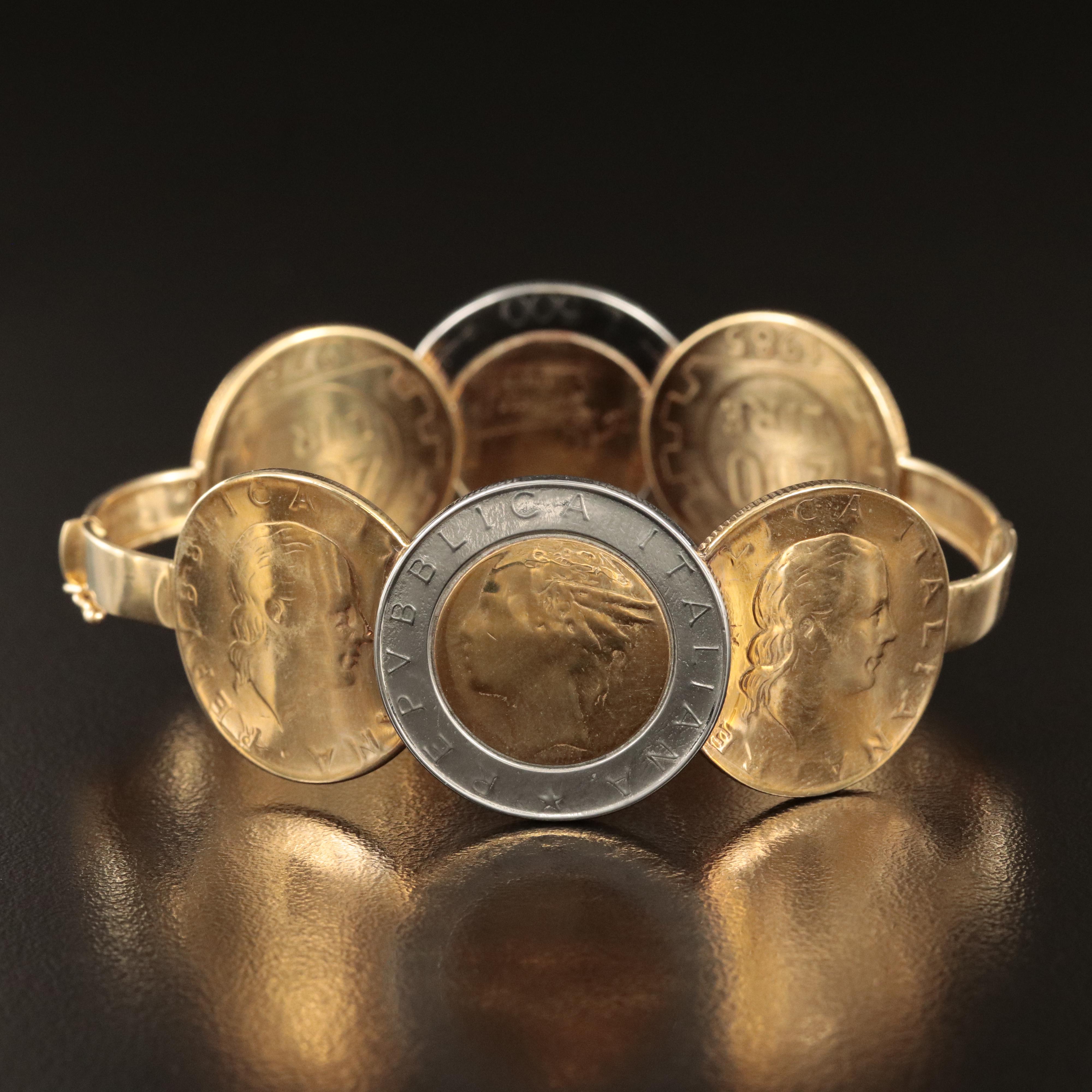 Italian Milor 14K Bracelet Including 500-Lire and 200-Lire Italian Coins
