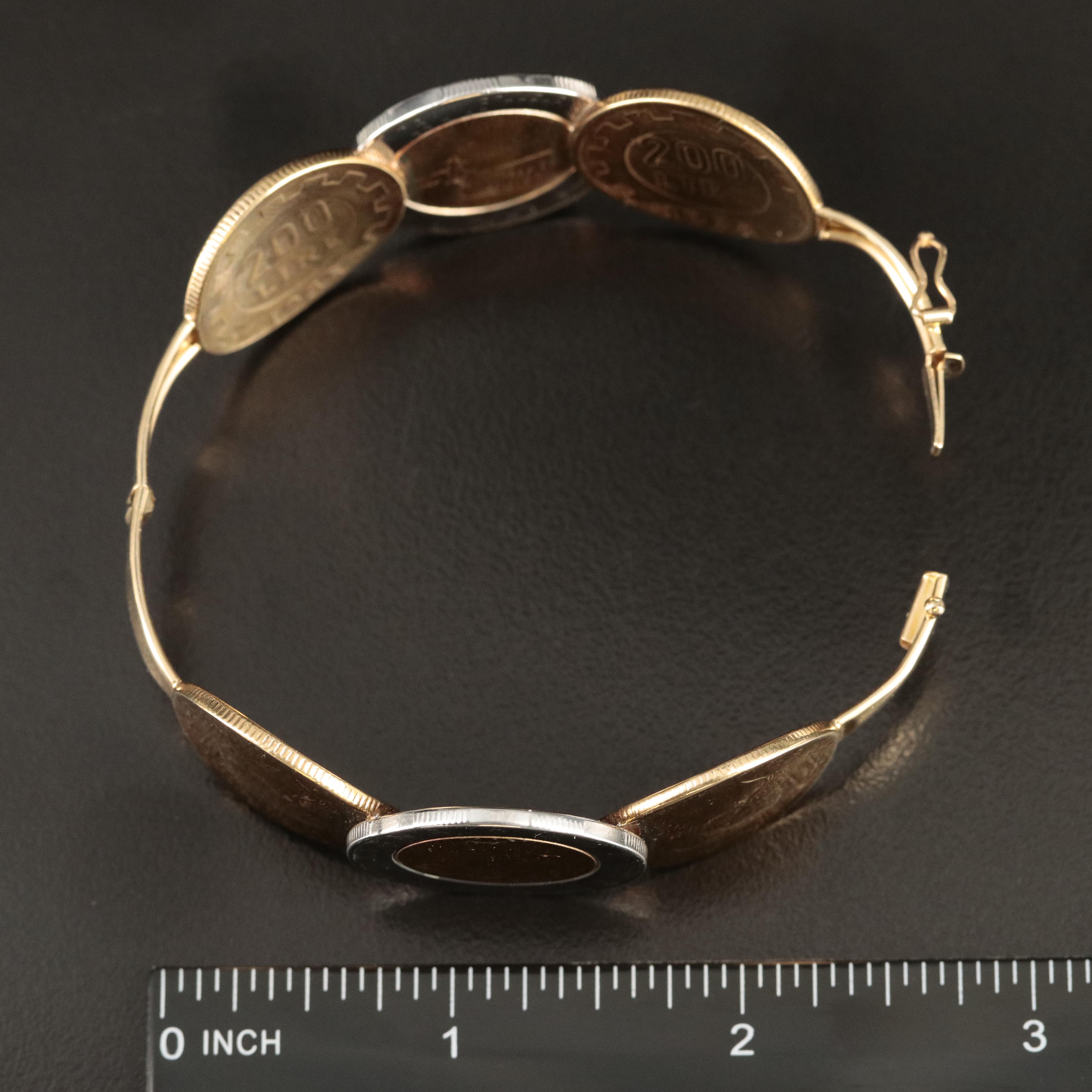 Italian Milor 14K Bracelet Including 500-Lire and 200-Lire Italian Coins