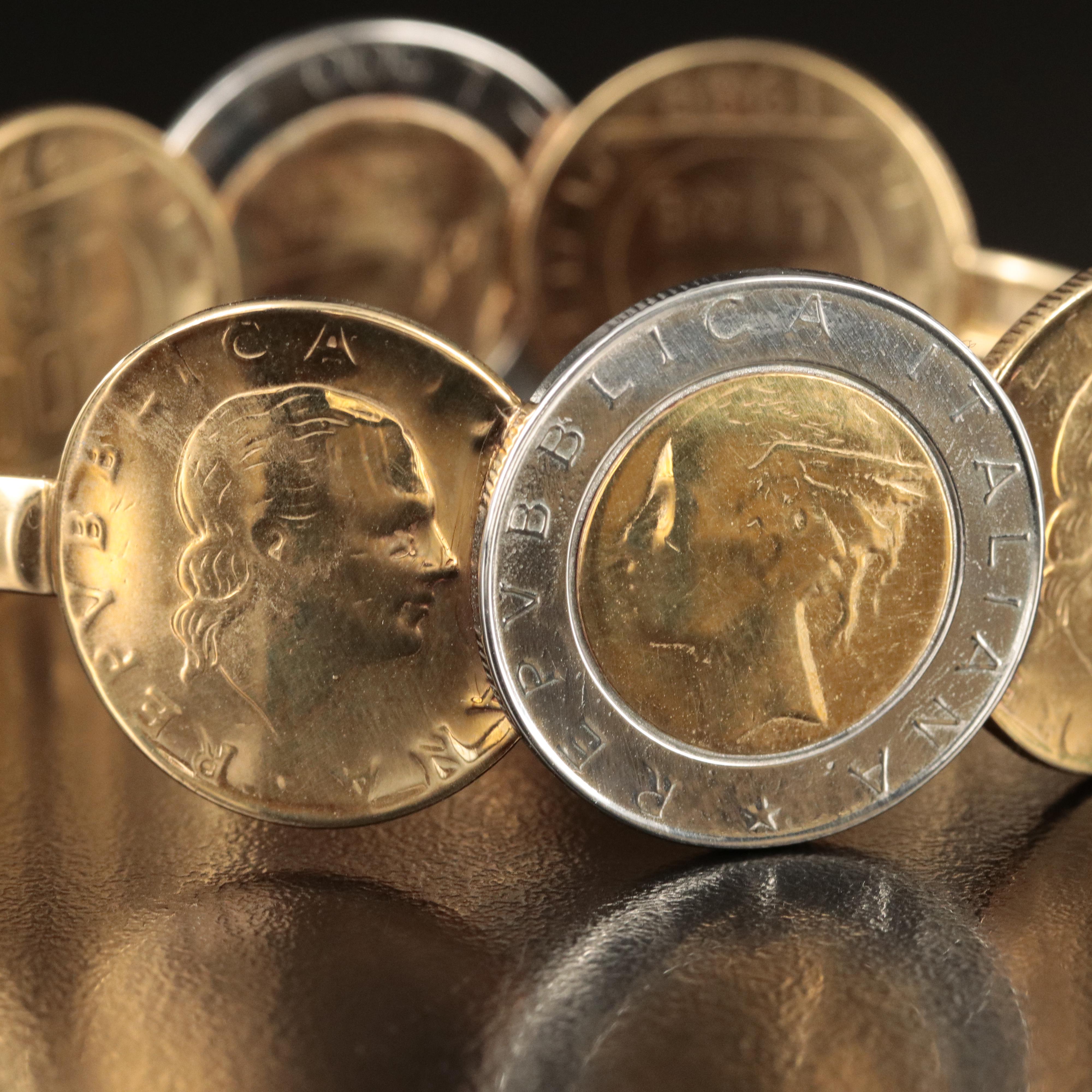 Italian Milor 14K Bracelet Including 500-Lire and 200-Lire Italian Coins
