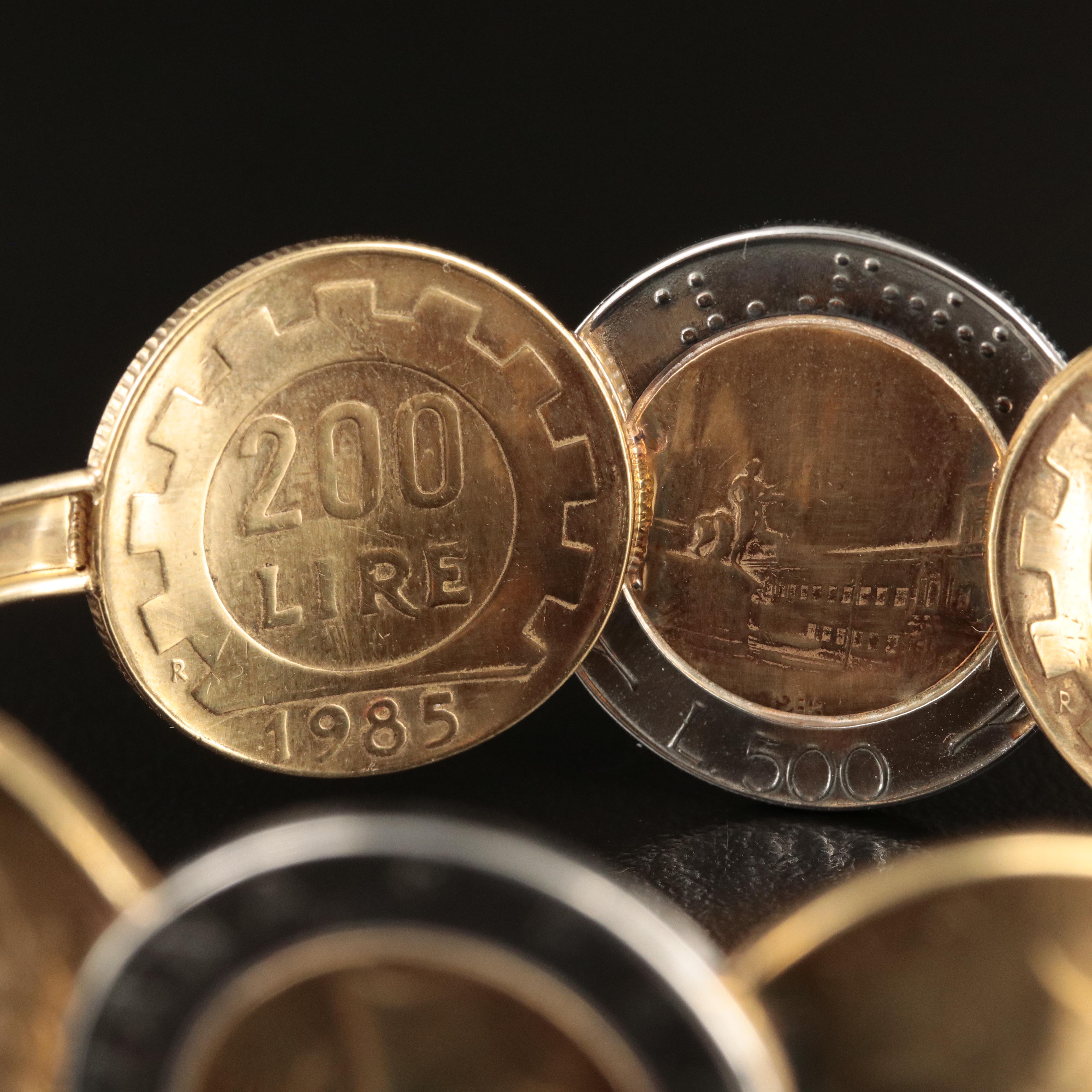 Italian Milor 14K Bracelet Including 500-Lire and 200-Lire Italian Coins