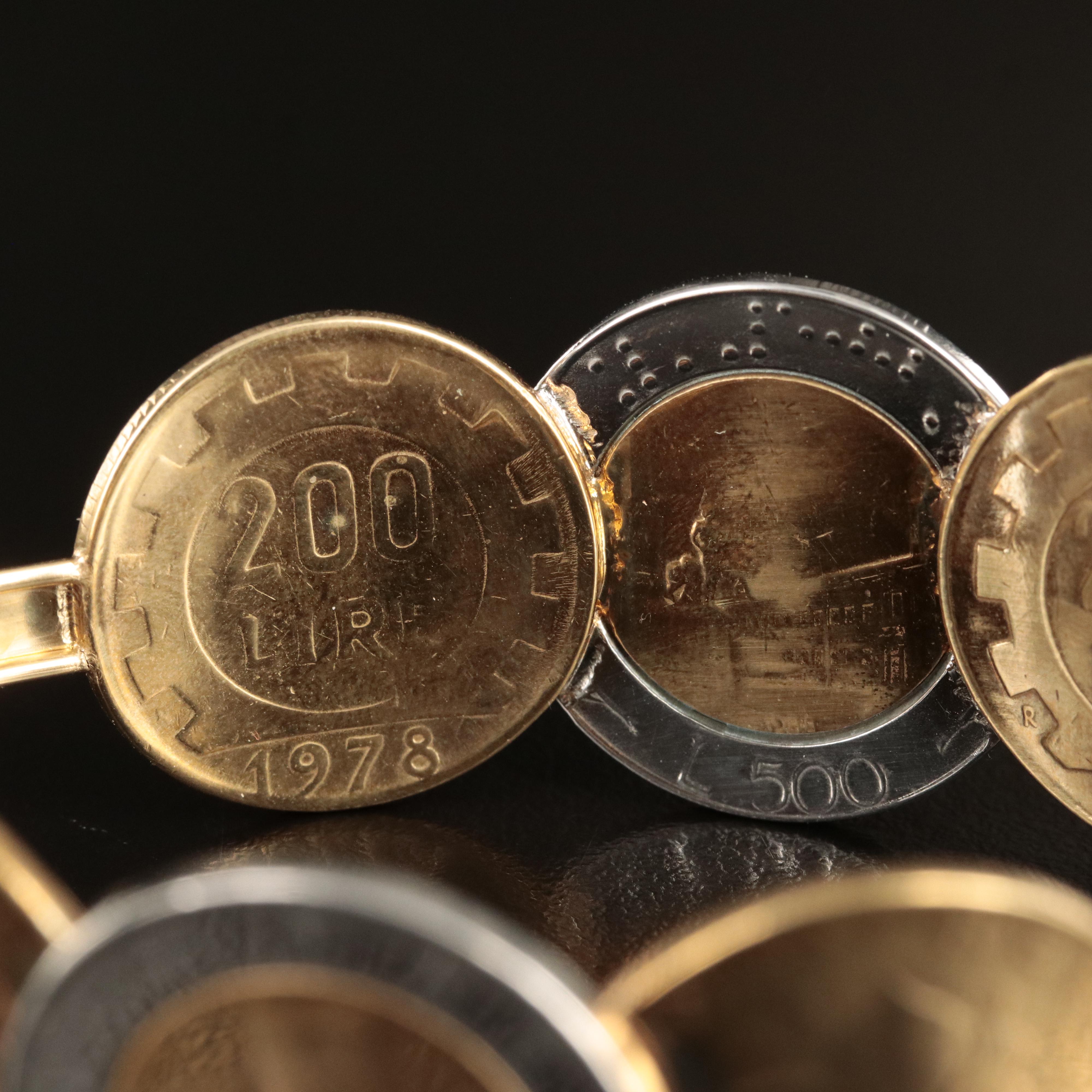 Italian Milor 14K Bracelet Including 500-Lire and 200-Lire Italian Coins