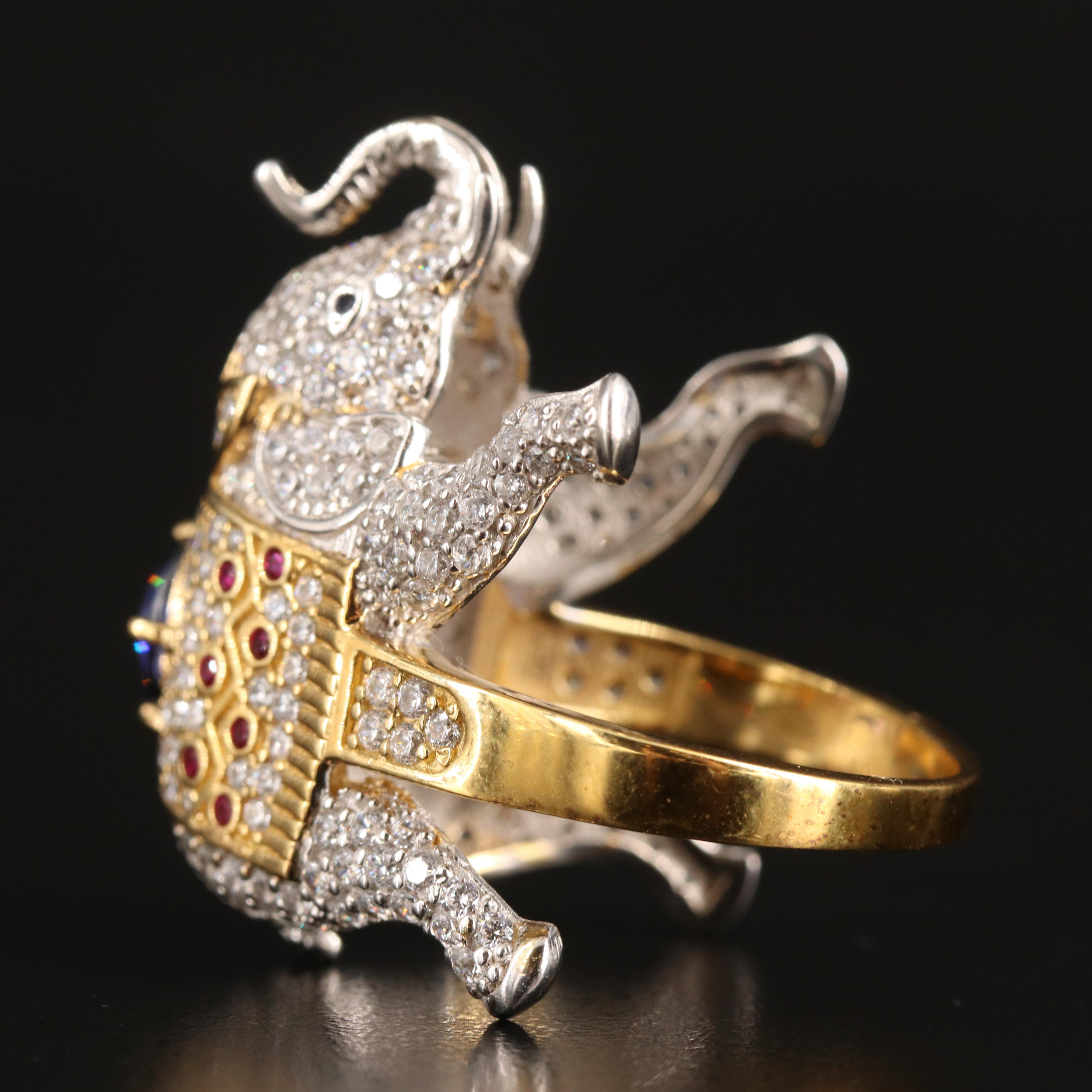 Sterling Cubic Zirconia and Ruby Elephant Ring