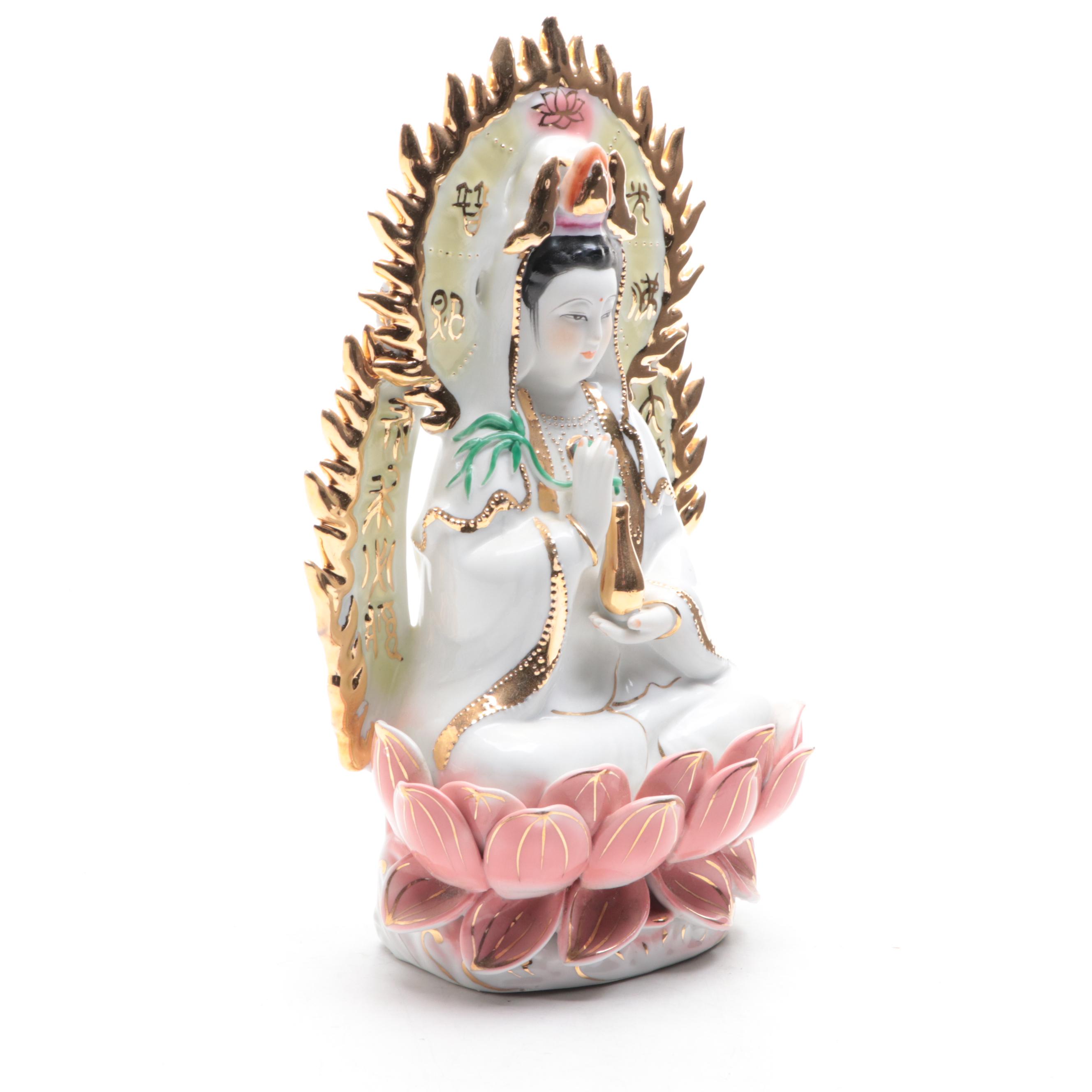 Chinese Porcelain Figurine of Guanyin Seated on a Lotus Flower