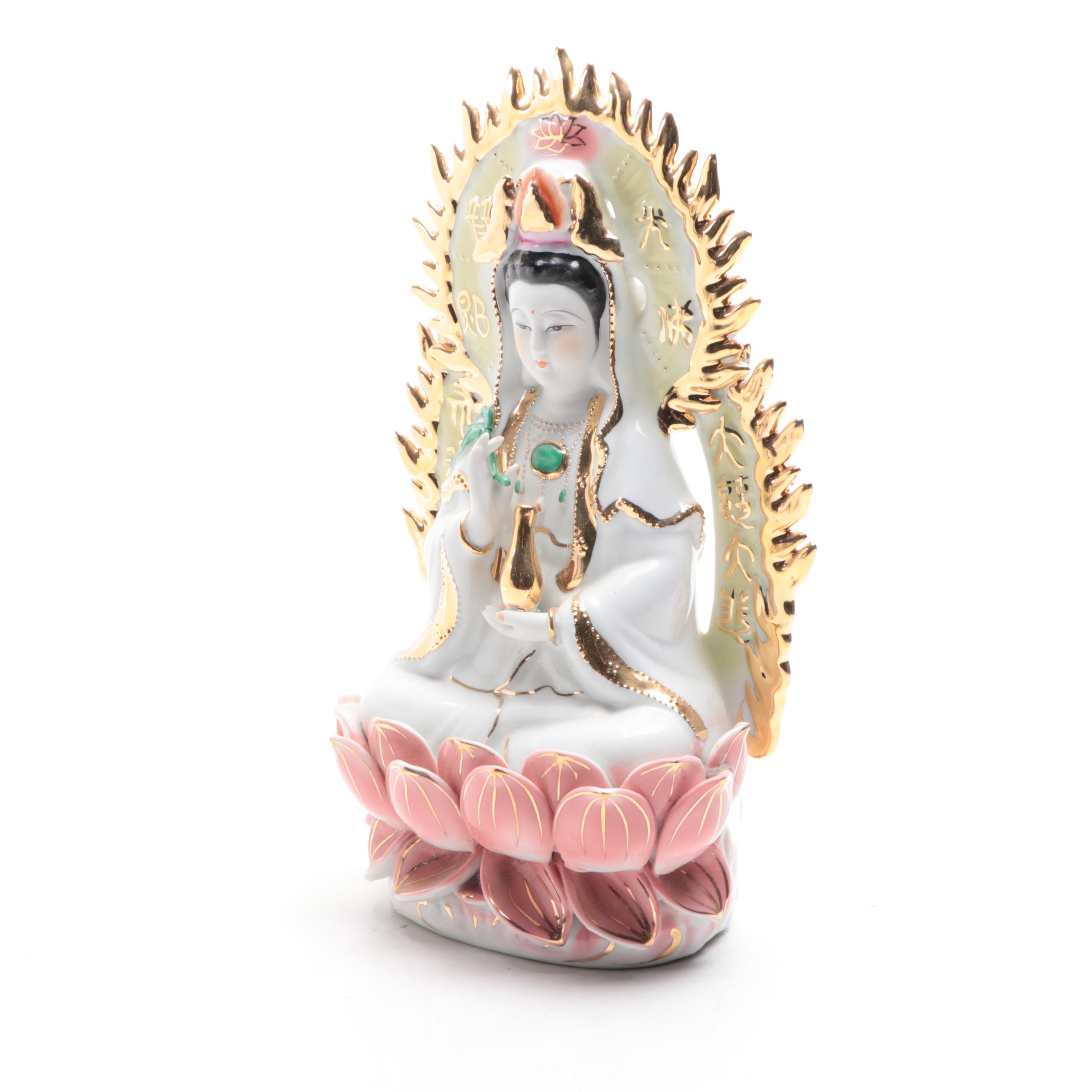 Chinese Porcelain Figurine of Guanyin Seated on a Lotus Flower