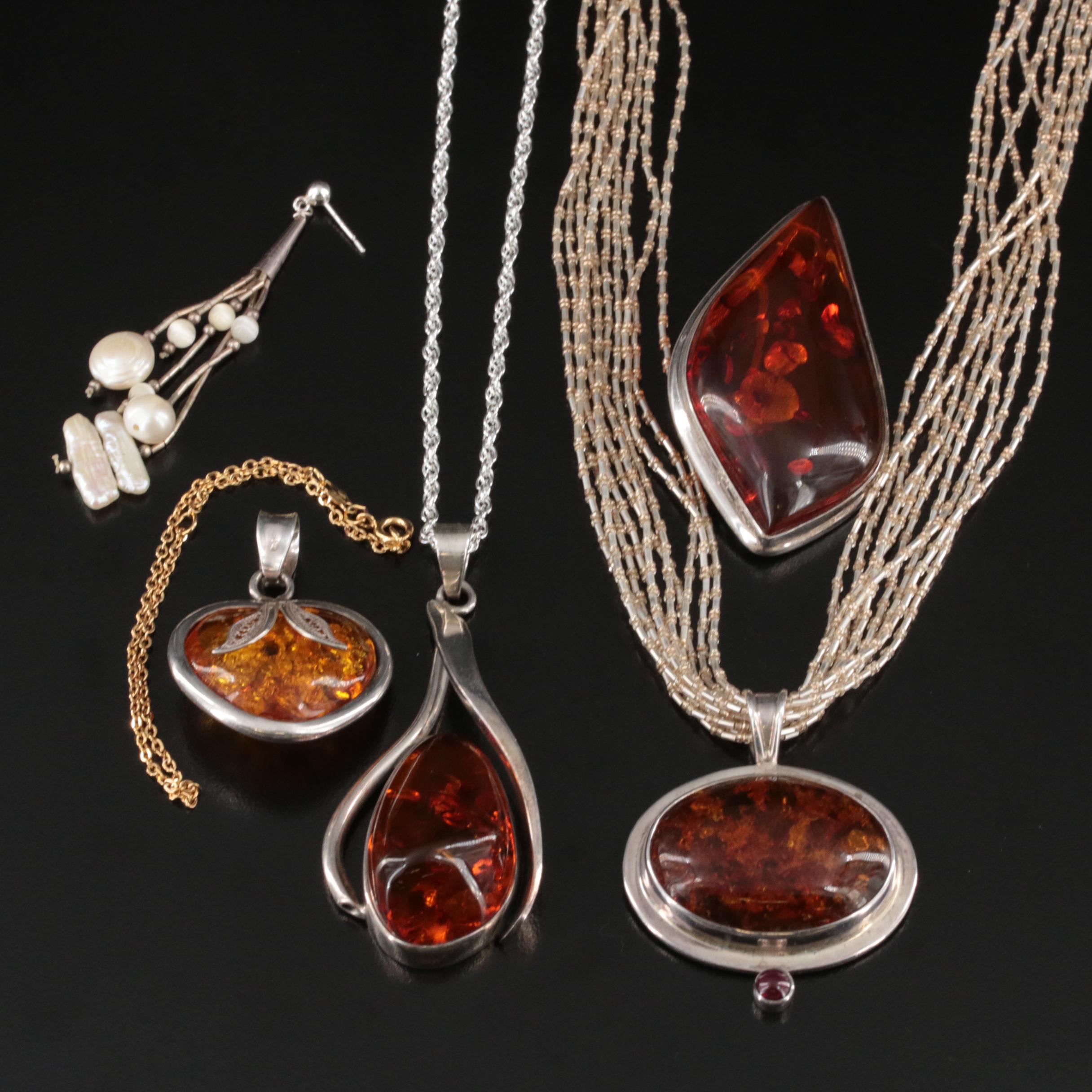 Sterling Jewelry Selection Including Copal, Amber and Mother-of-Pearl