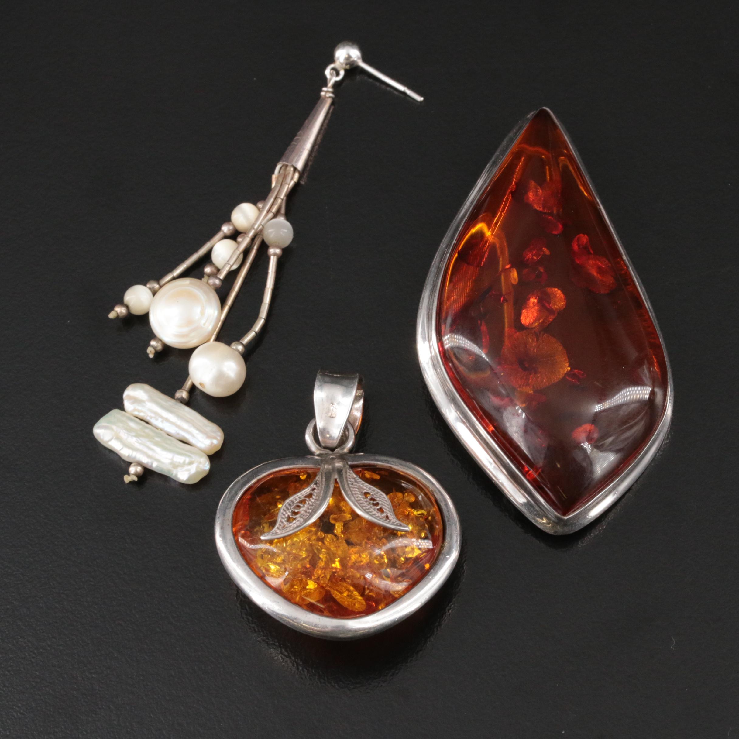 Sterling Jewelry Selection Including Copal, Amber and Mother-of-Pearl