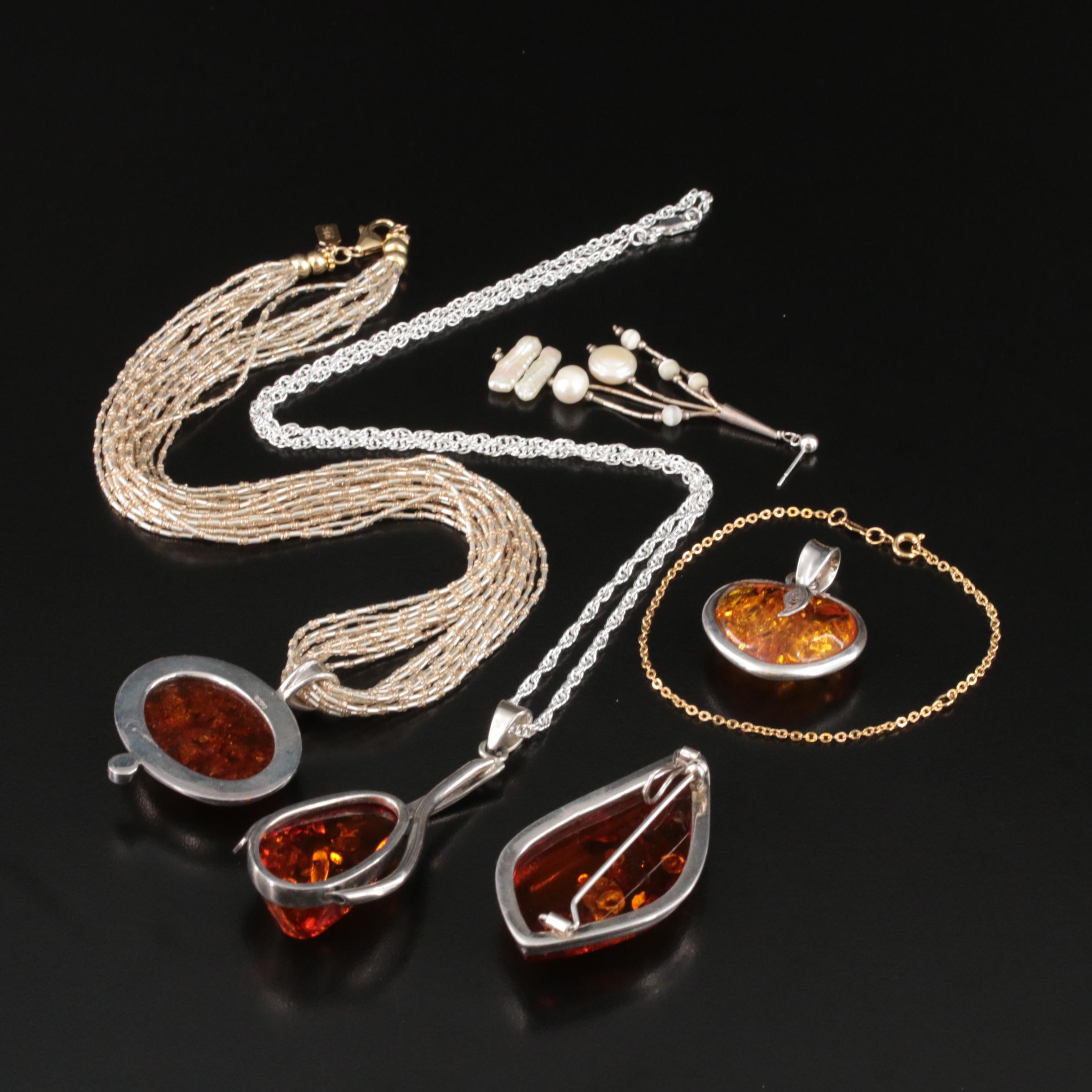 Sterling Jewelry Selection Including Copal, Amber and Mother-of-Pearl