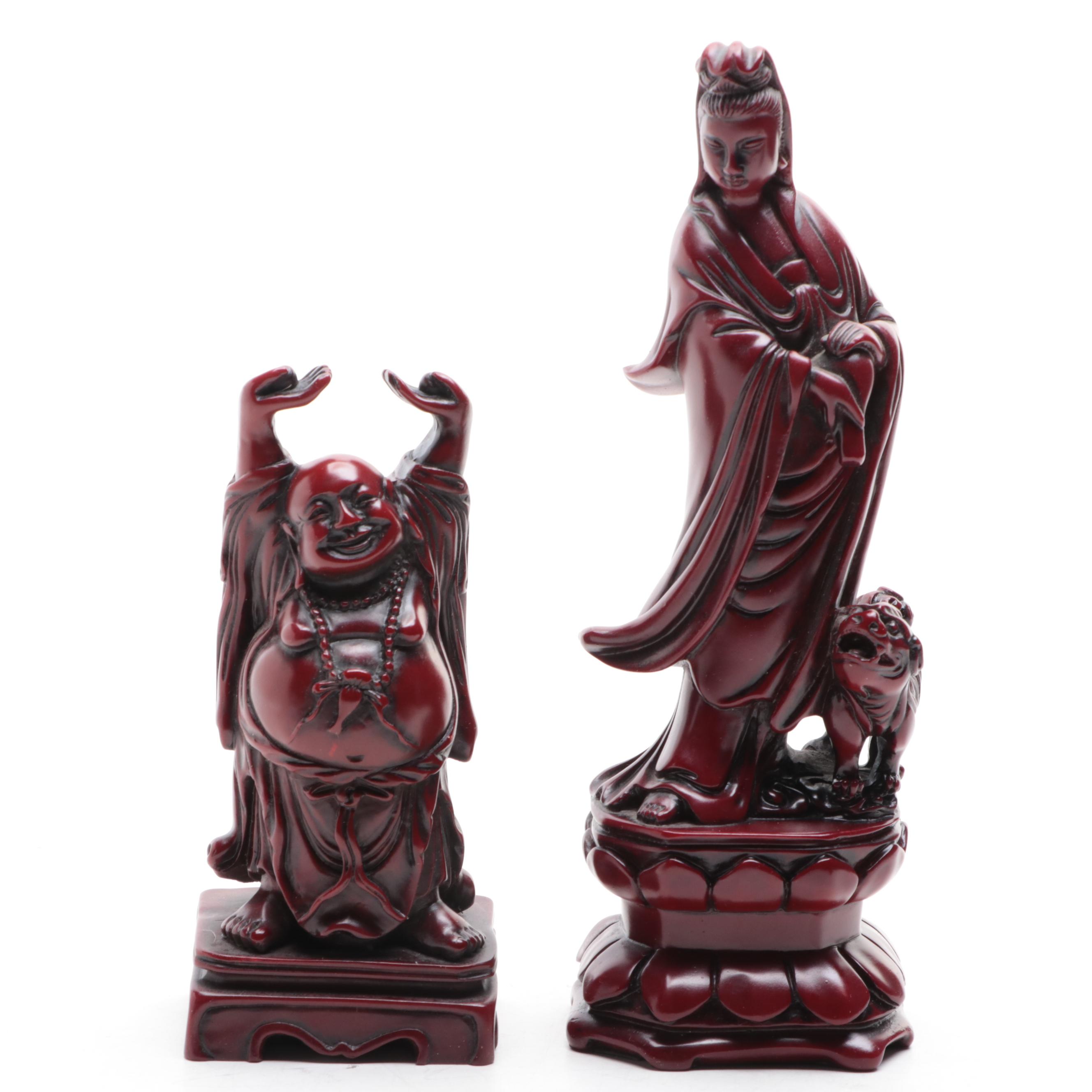 Chinese Faux Cinnabar Dragon, Buddha and Guanyin Figurines
