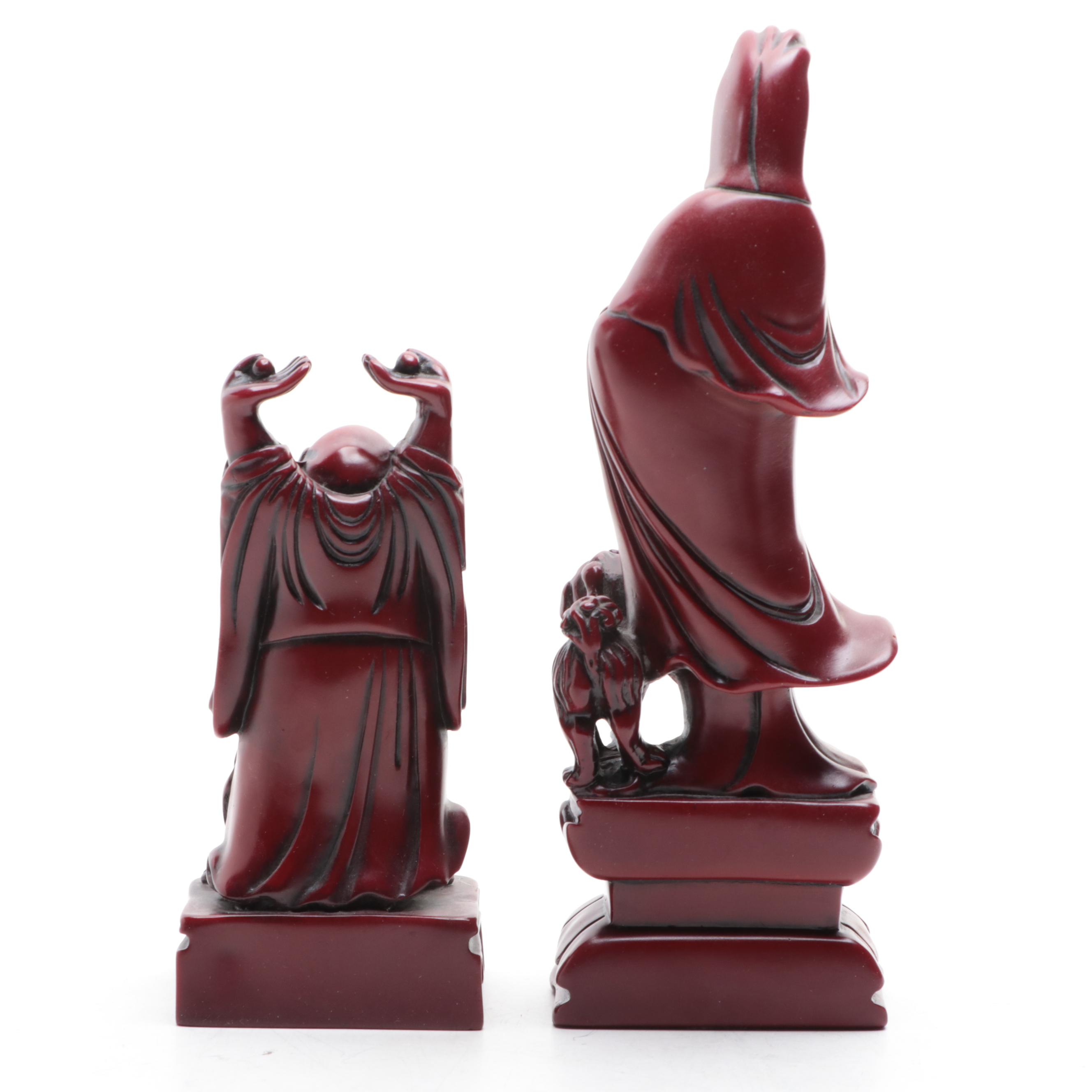 Chinese Faux Cinnabar Dragon, Buddha and Guanyin Figurines