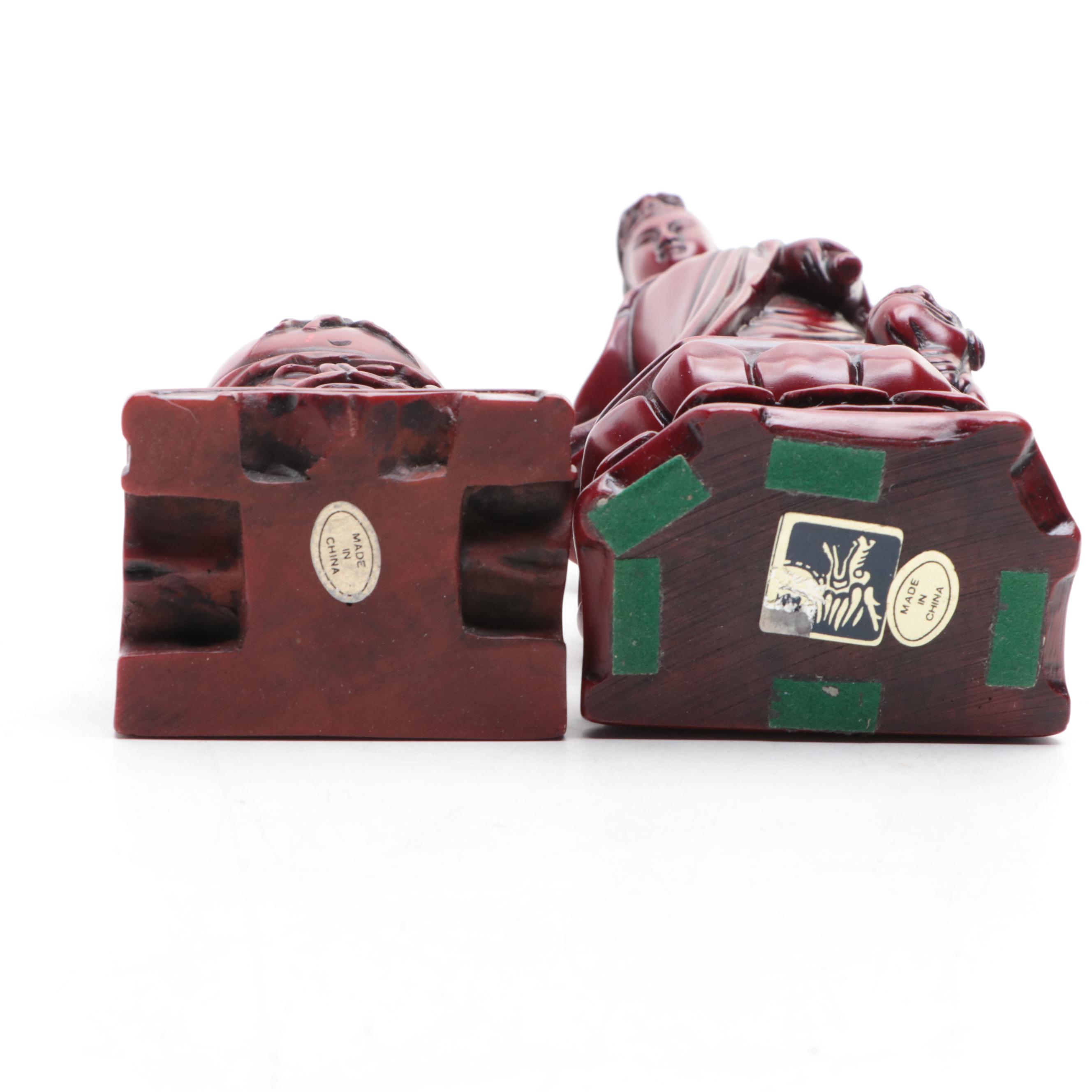 Chinese Faux Cinnabar Dragon, Buddha and Guanyin Figurines