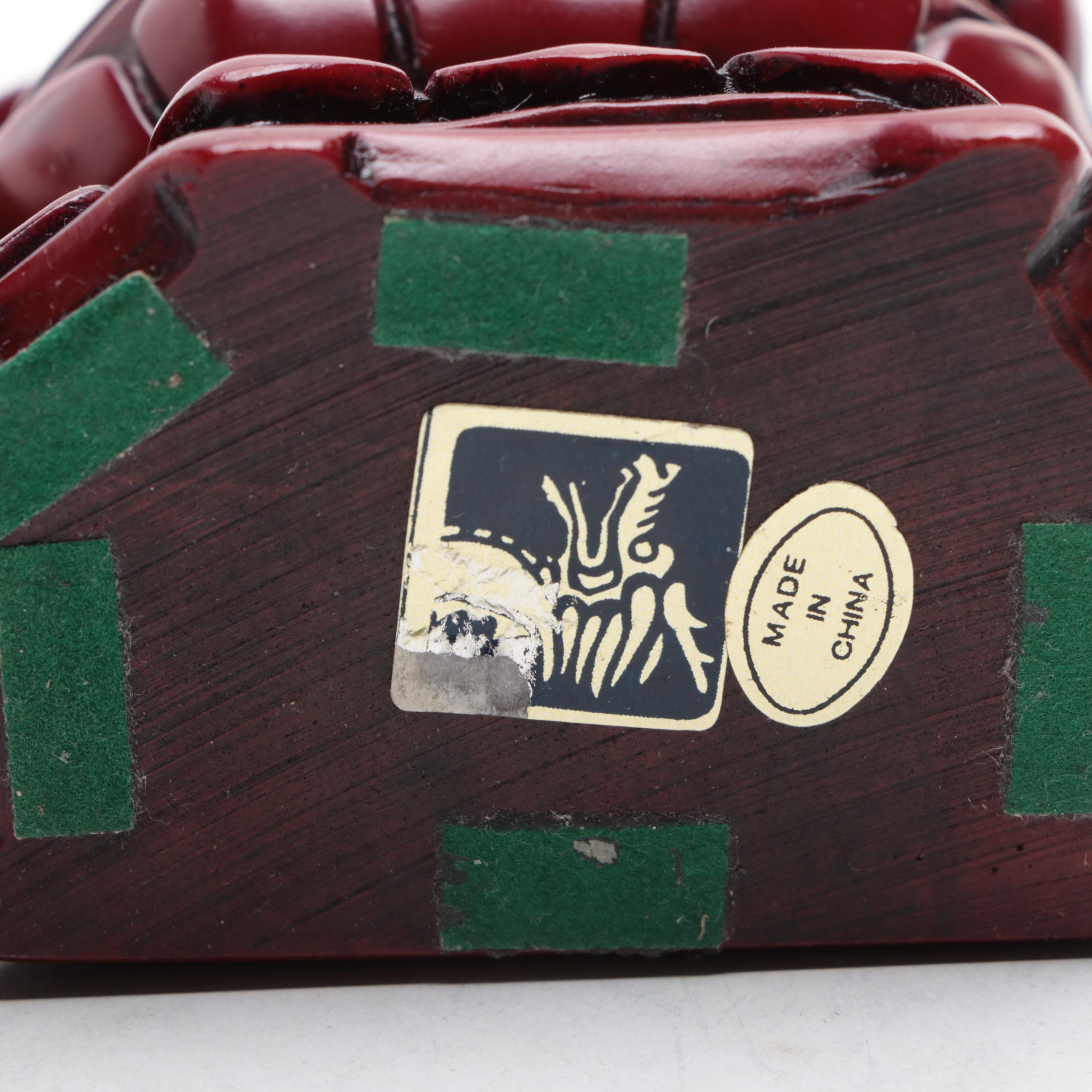 Chinese Faux Cinnabar Dragon, Buddha and Guanyin Figurines