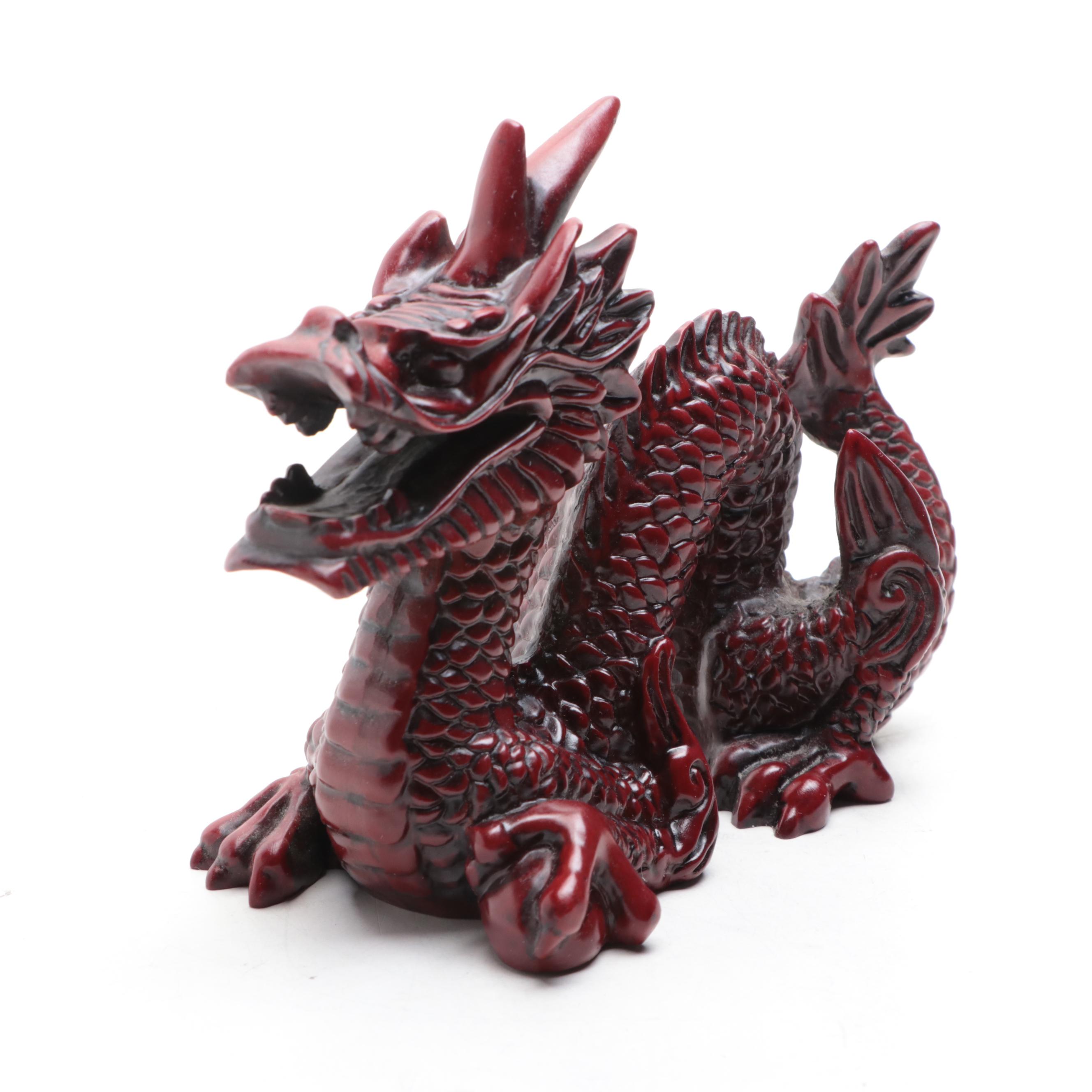 Chinese Faux Cinnabar Dragon, Buddha and Guanyin Figurines