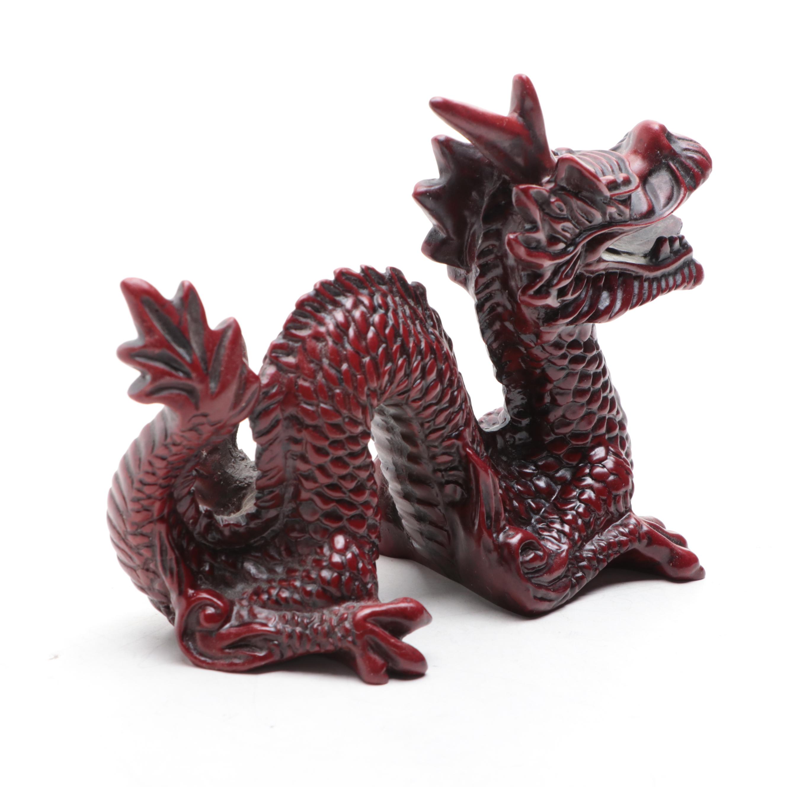 Chinese Faux Cinnabar Dragon, Buddha and Guanyin Figurines
