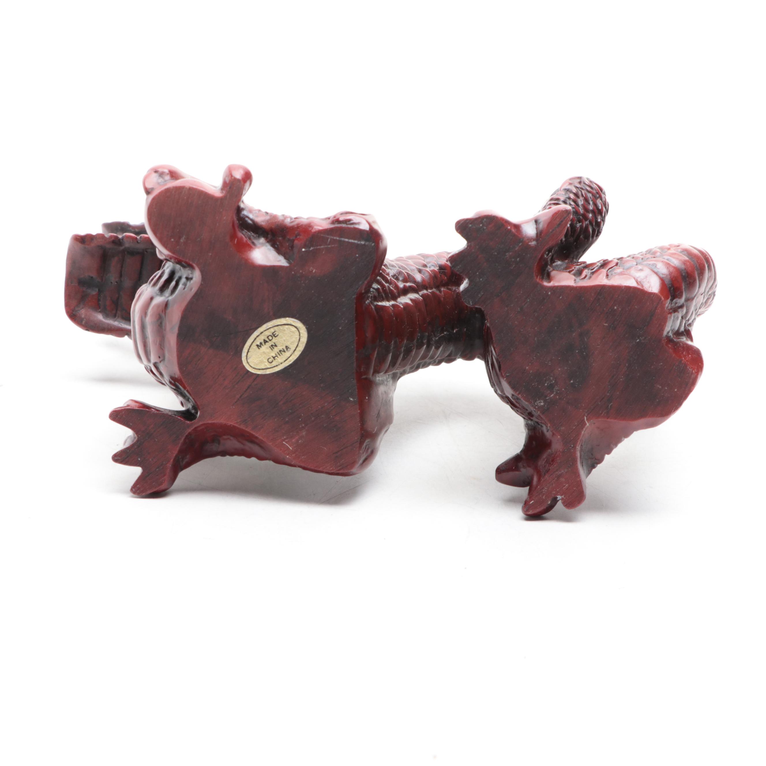 Chinese Faux Cinnabar Dragon, Buddha and Guanyin Figurines