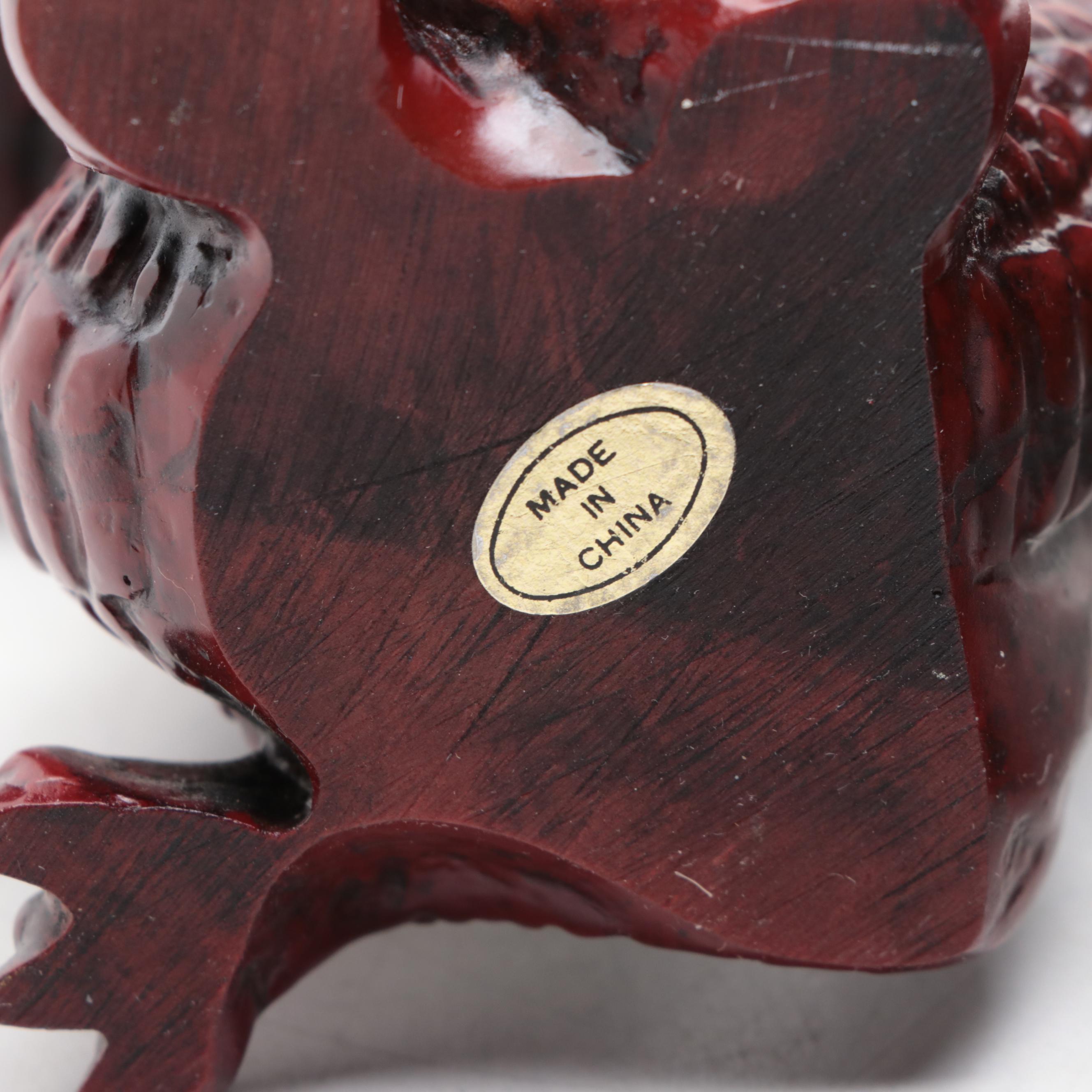 Chinese Faux Cinnabar Dragon, Buddha and Guanyin Figurines