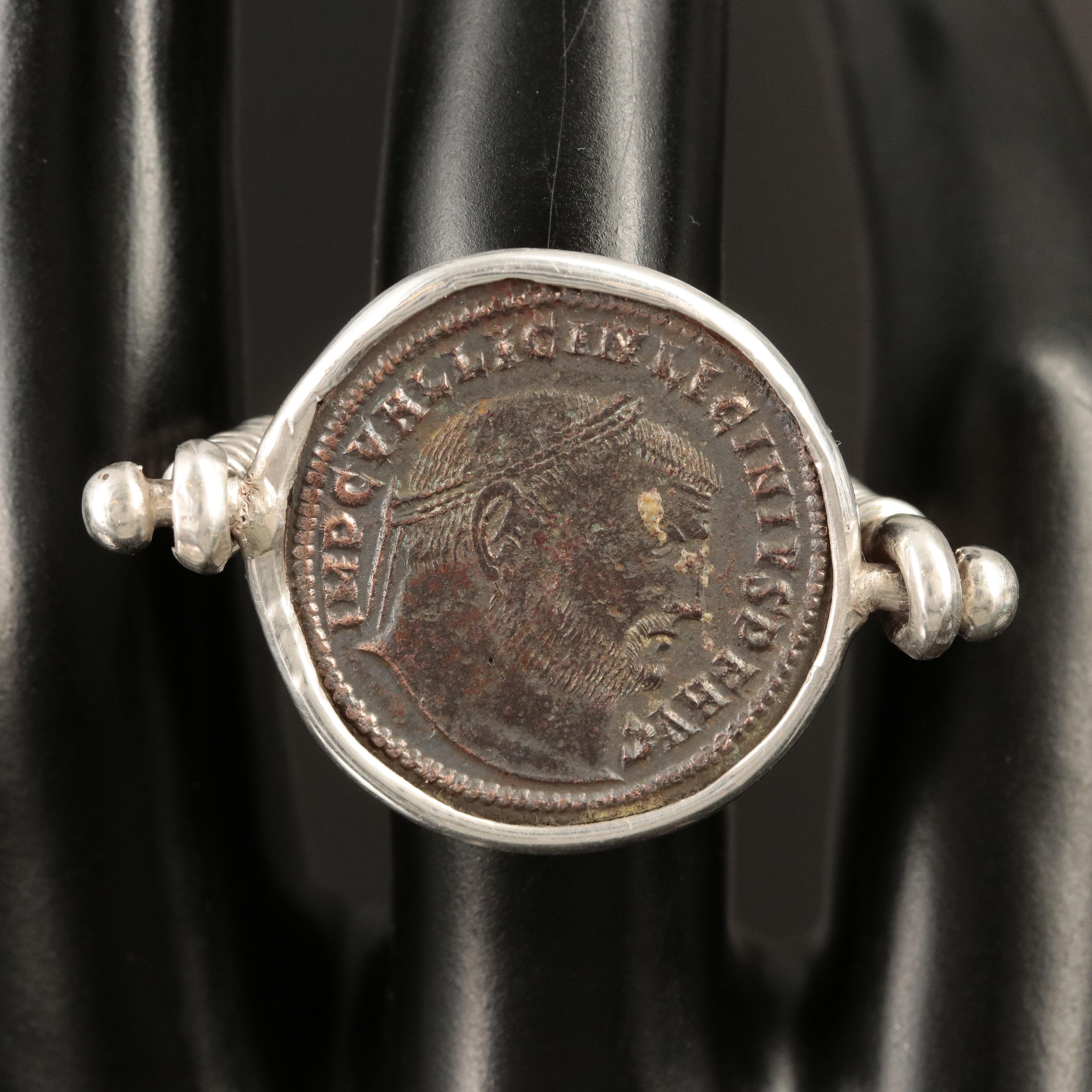 950 Silver Ring with Ancient Roman Imperial Follis Coin, ca. 308 A.D.