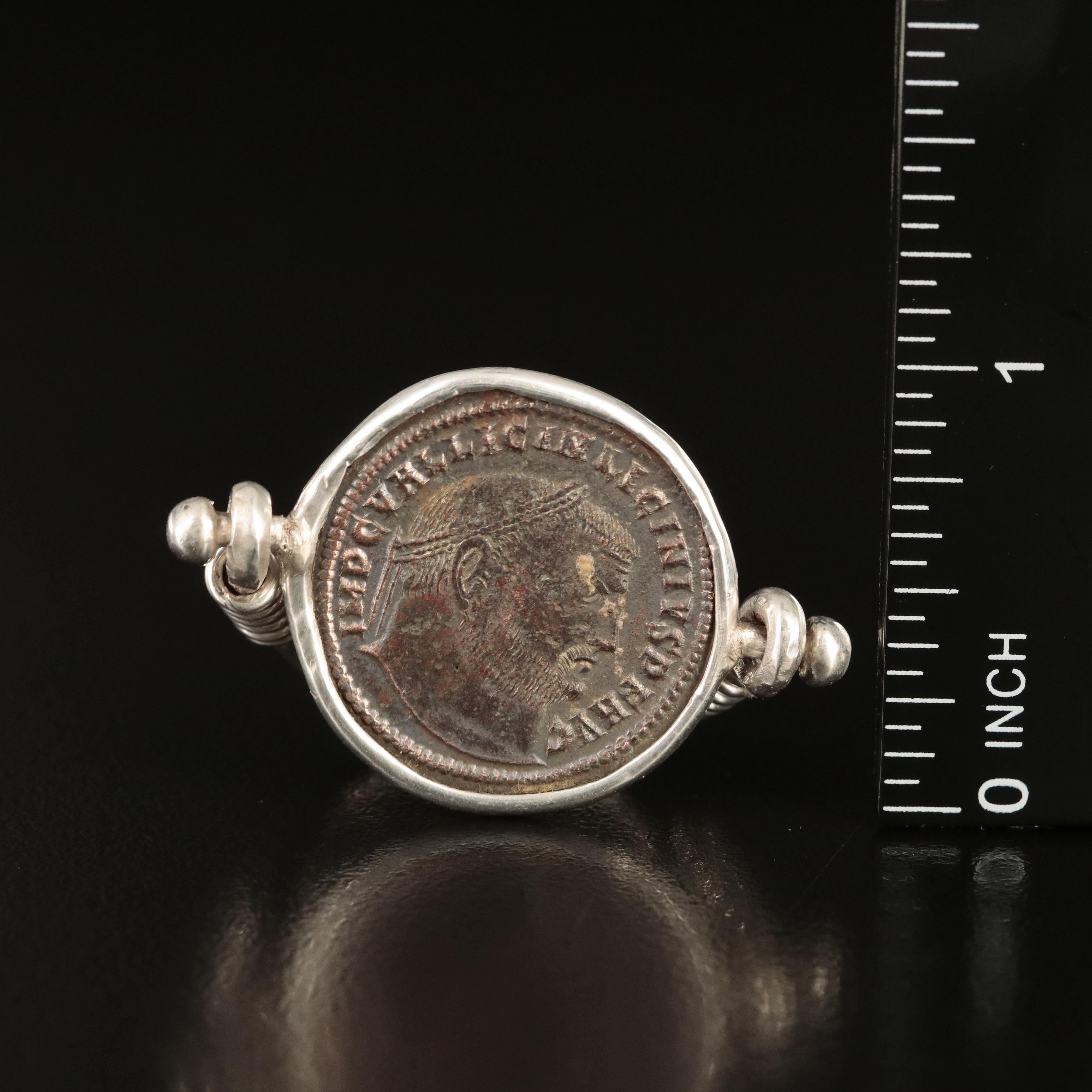 950 Silver Ring with Ancient Roman Imperial Follis Coin, ca. 308 A.D.