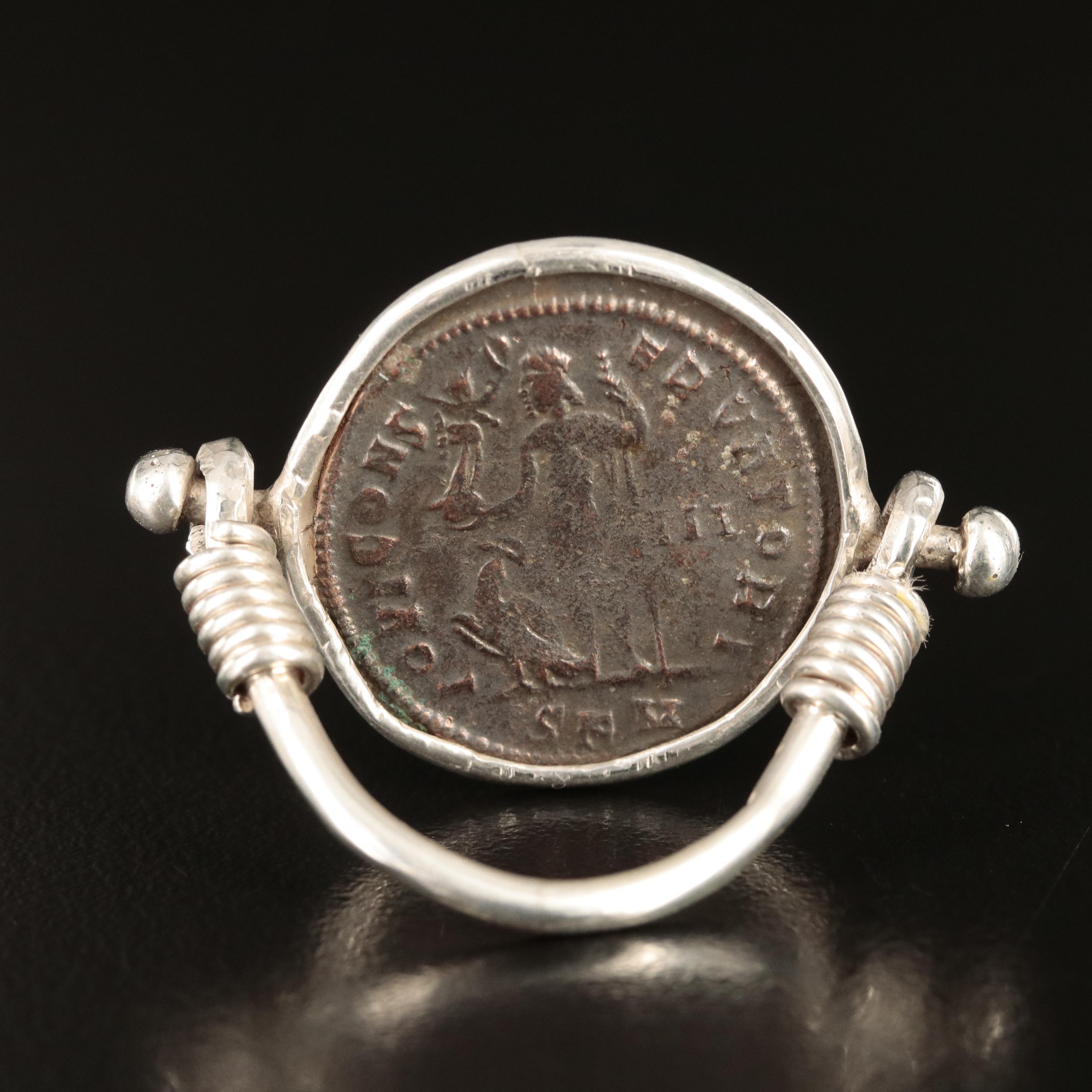 950 Silver Ring with Ancient Roman Imperial Follis Coin, ca. 308 A.D.