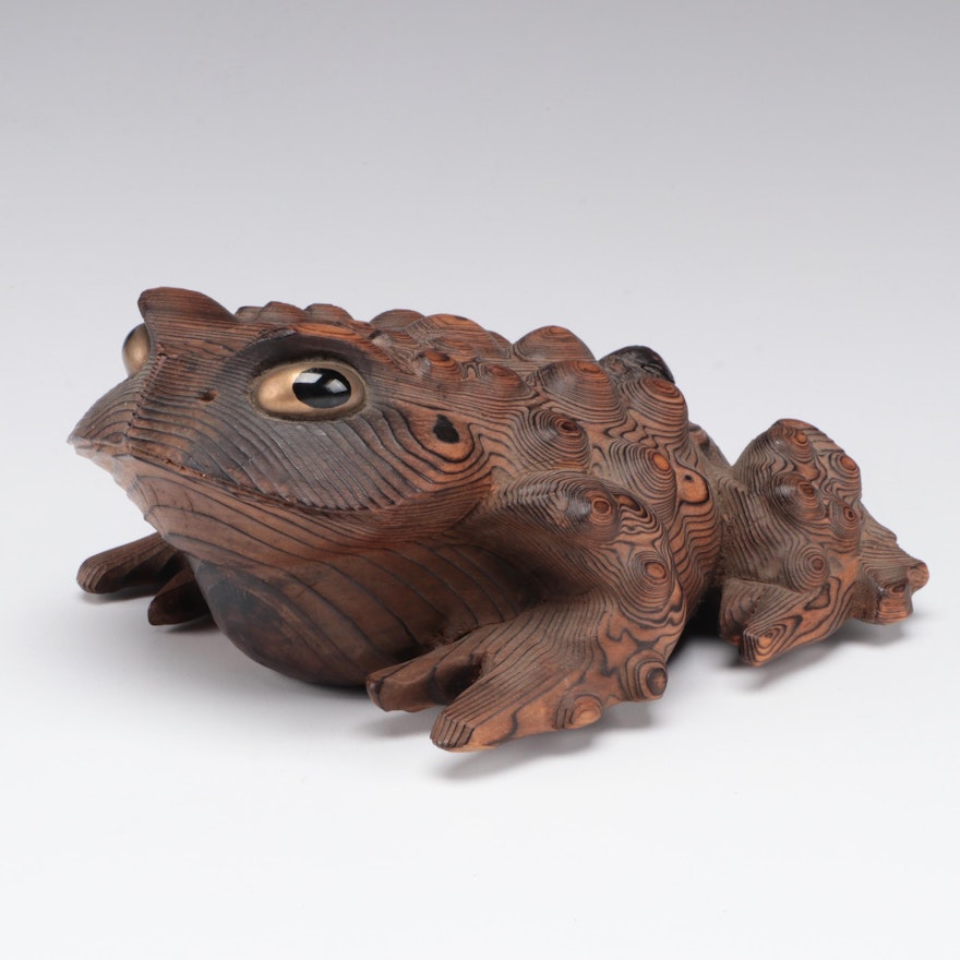 Japanese Carved Sugi Wood Hikigaeru Toad Okimono, Meiji Period