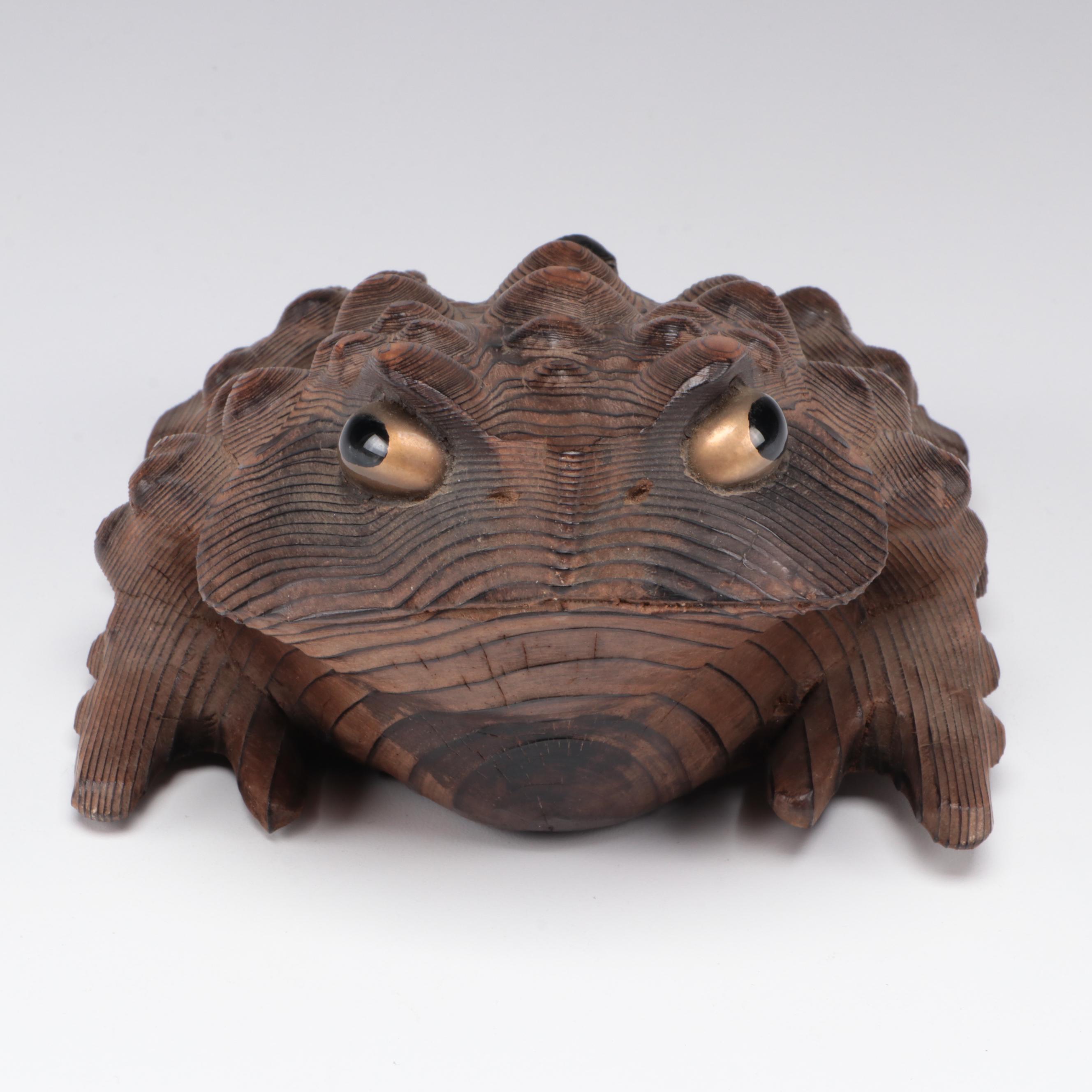 Japanese Carved Sugi Wood Hikigaeru Toad Okimono, Meiji Period