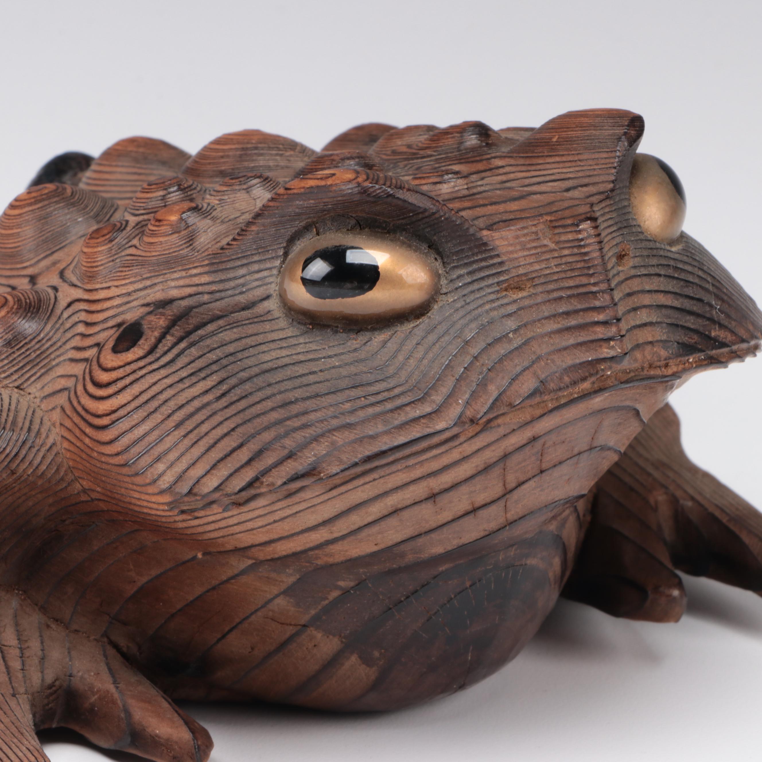 Japanese Carved Sugi Wood Hikigaeru Toad Okimono, Meiji Period
