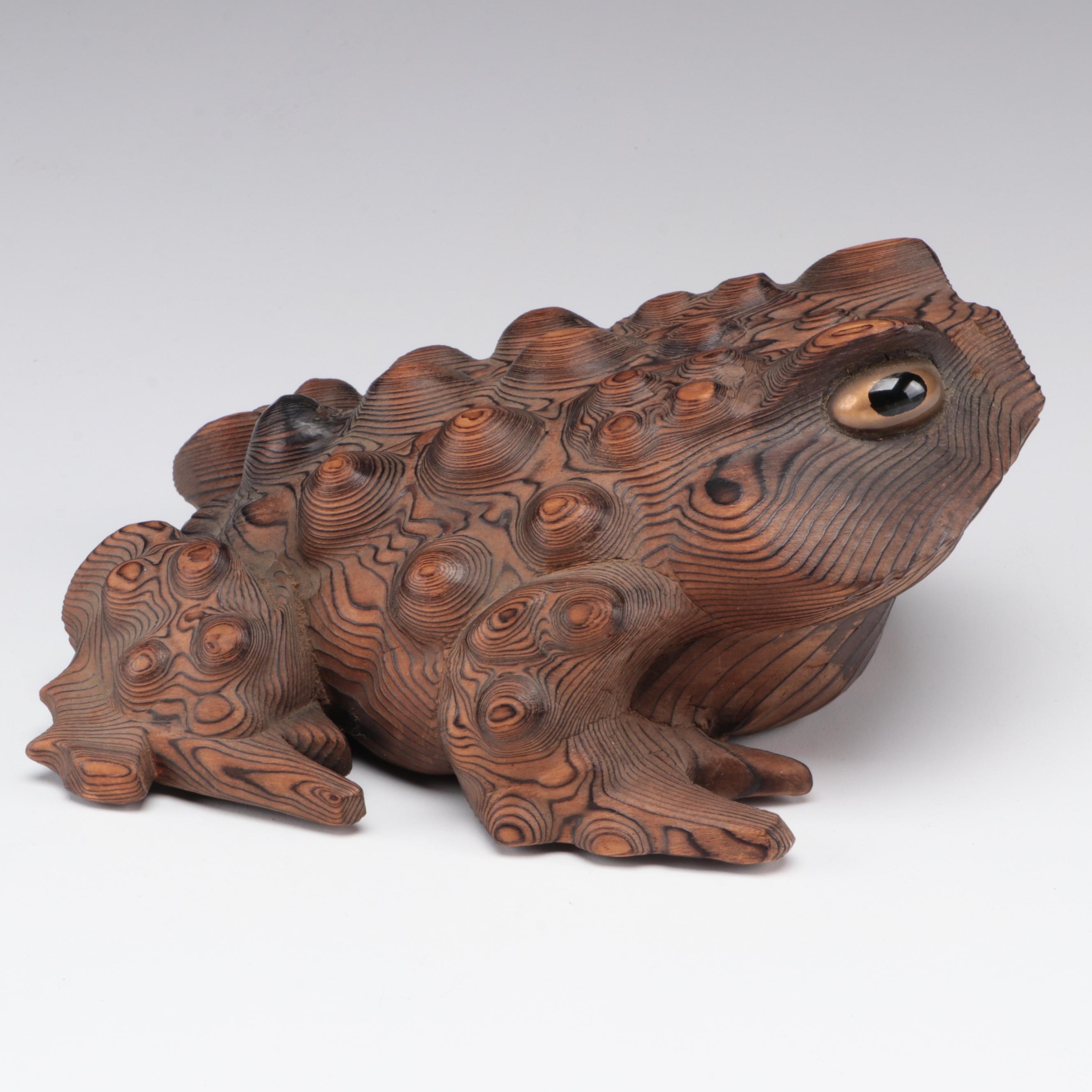 Japanese Carved Sugi Wood Hikigaeru Toad Okimono, Meiji Period
