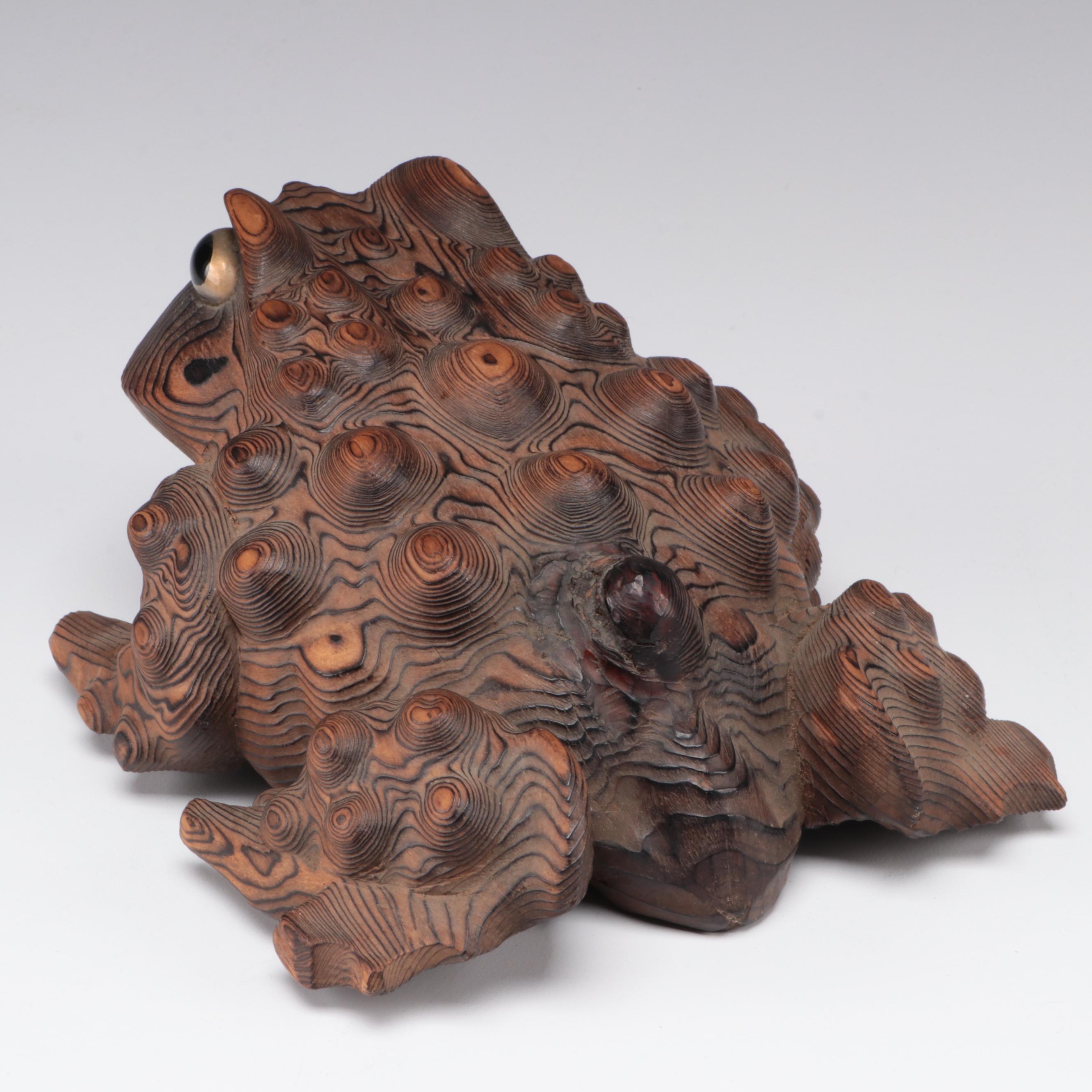 Japanese Carved Sugi Wood Hikigaeru Toad Okimono, Meiji Period