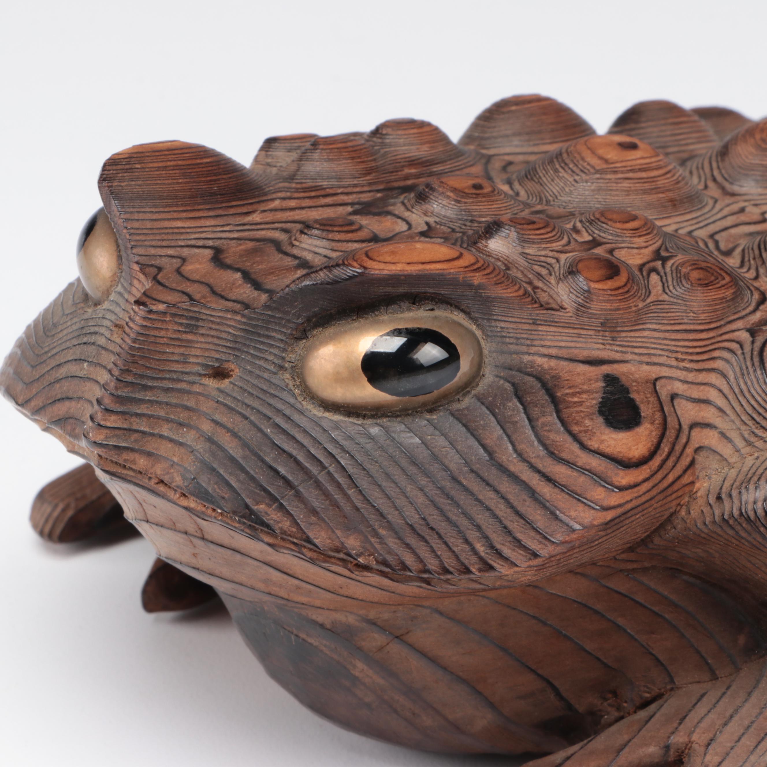 Japanese Carved Sugi Wood Hikigaeru Toad Okimono, Meiji Period