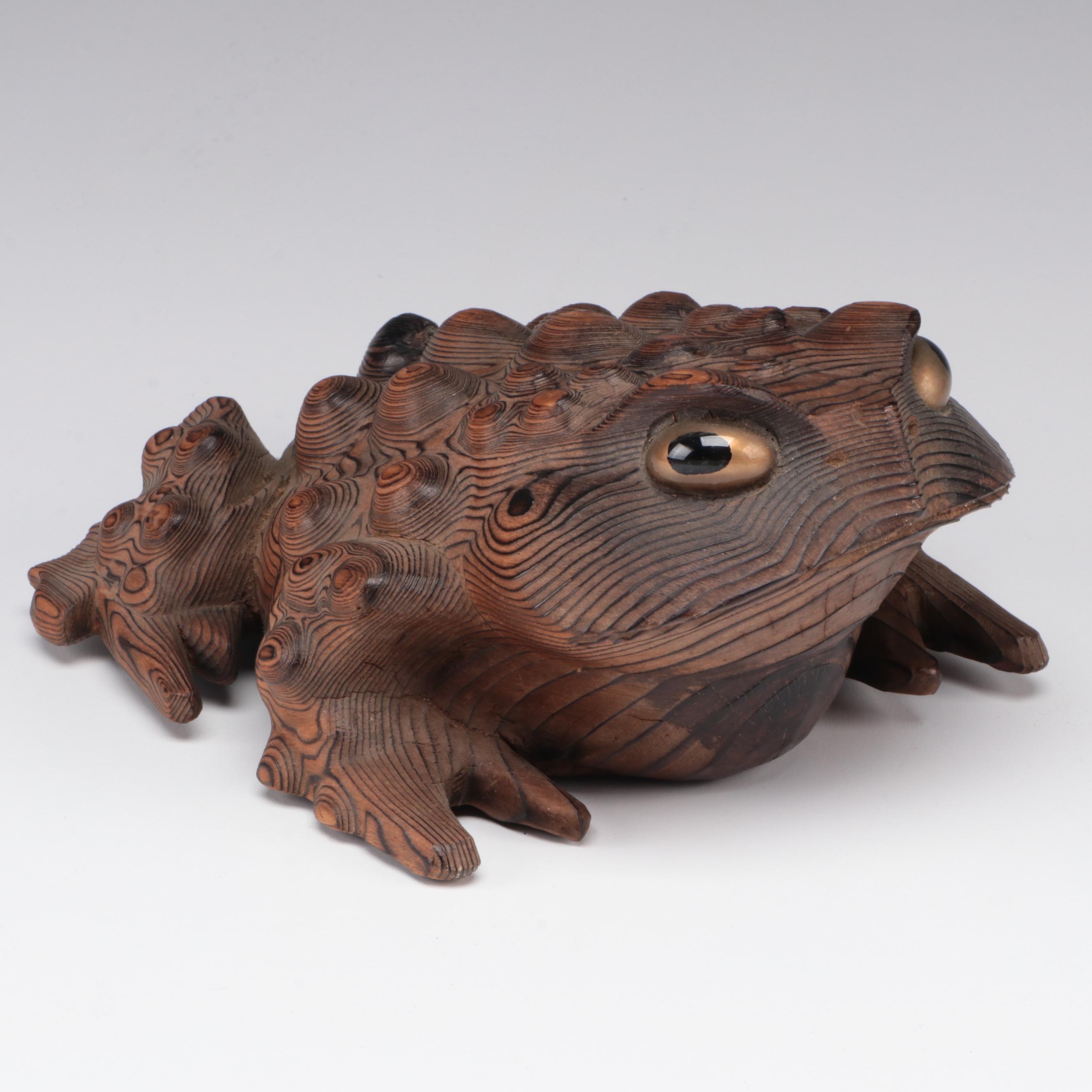 Japanese Carved Sugi Wood Hikigaeru Toad Okimono, Meiji Period