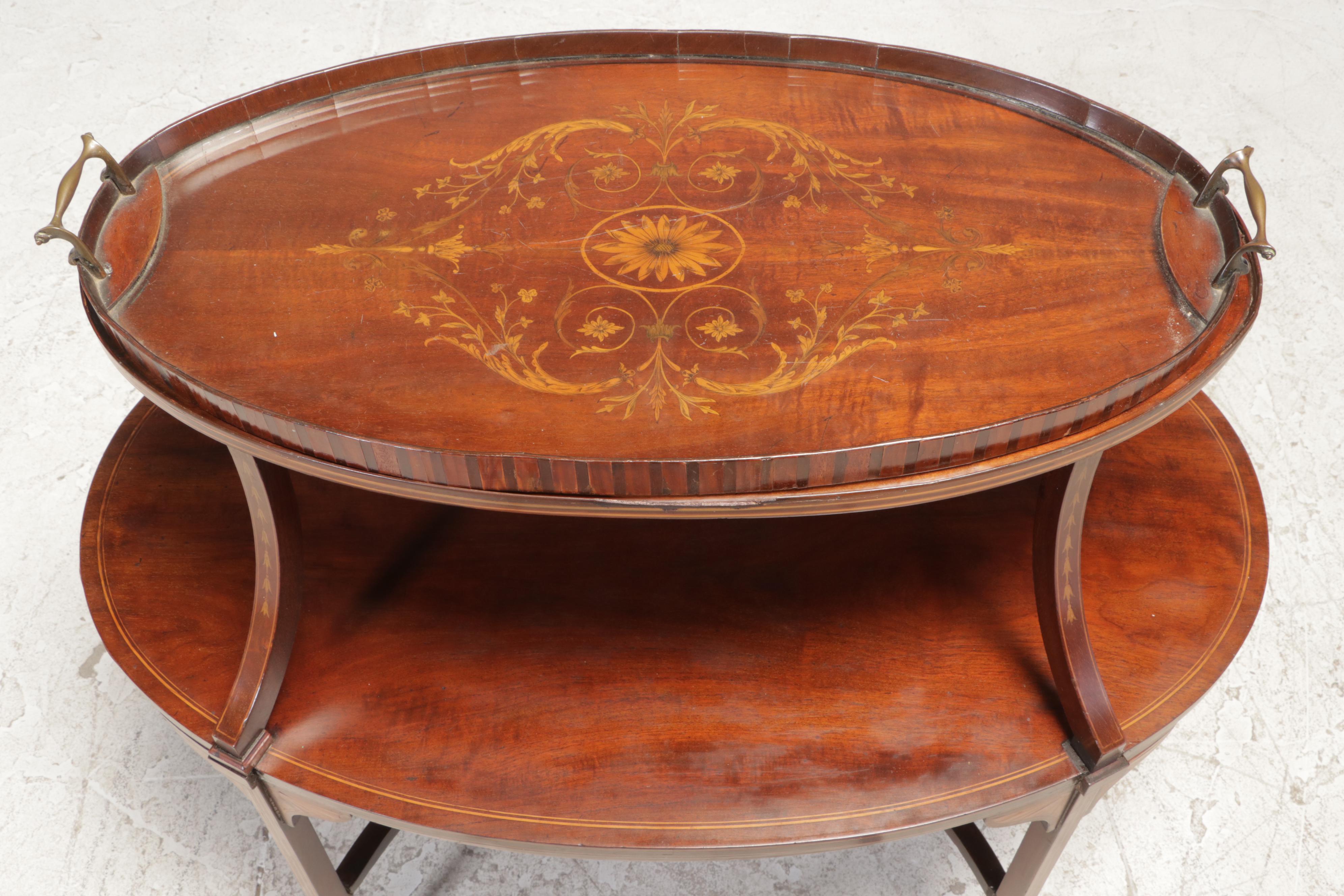 George III Style Mahogany and Marquetry Tray-Top Dessert Table, Early 20th C.
