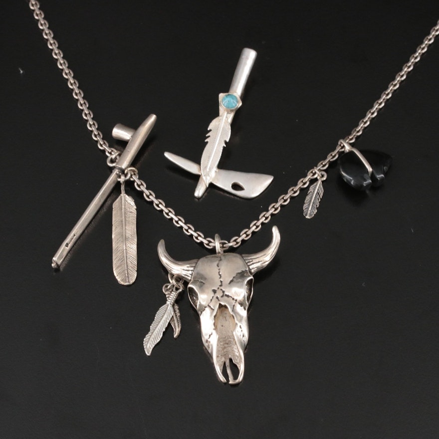 Sterling Black Onyx and Turquoise Skull Necklace with Tomahawk Pendant