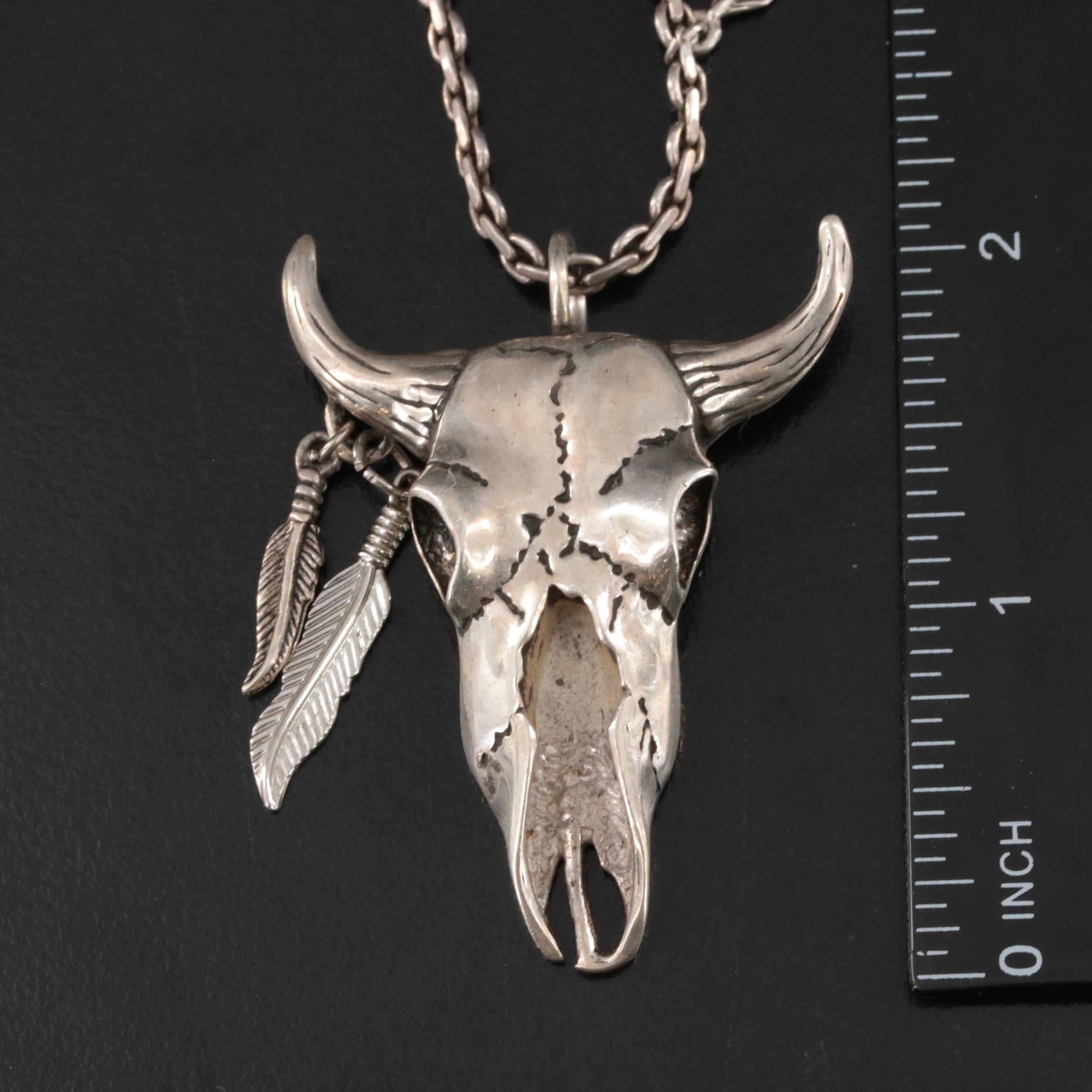 Sterling Black Onyx and Turquoise Skull Necklace with Tomahawk Pendant