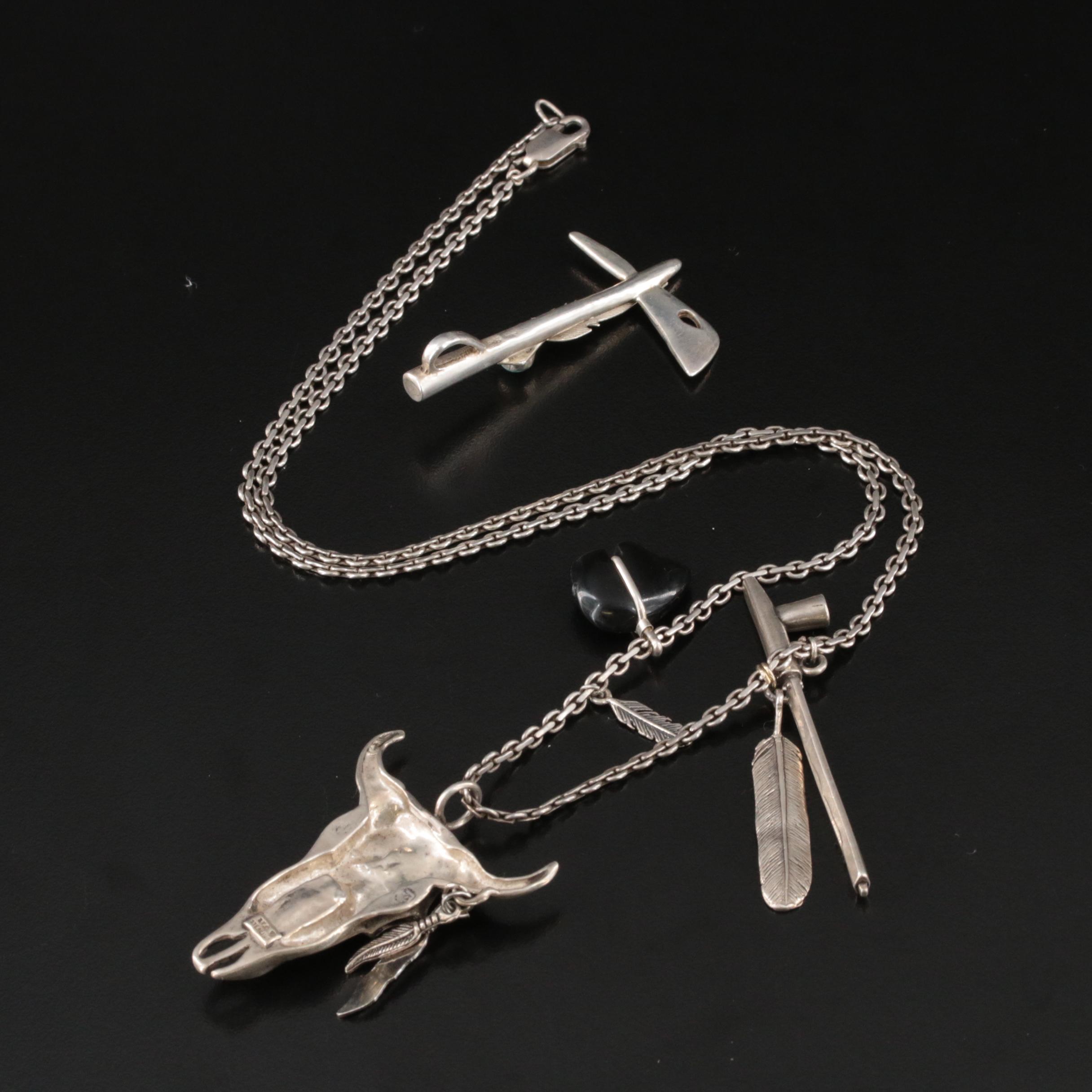 Sterling Black Onyx and Turquoise Skull Necklace with Tomahawk Pendant