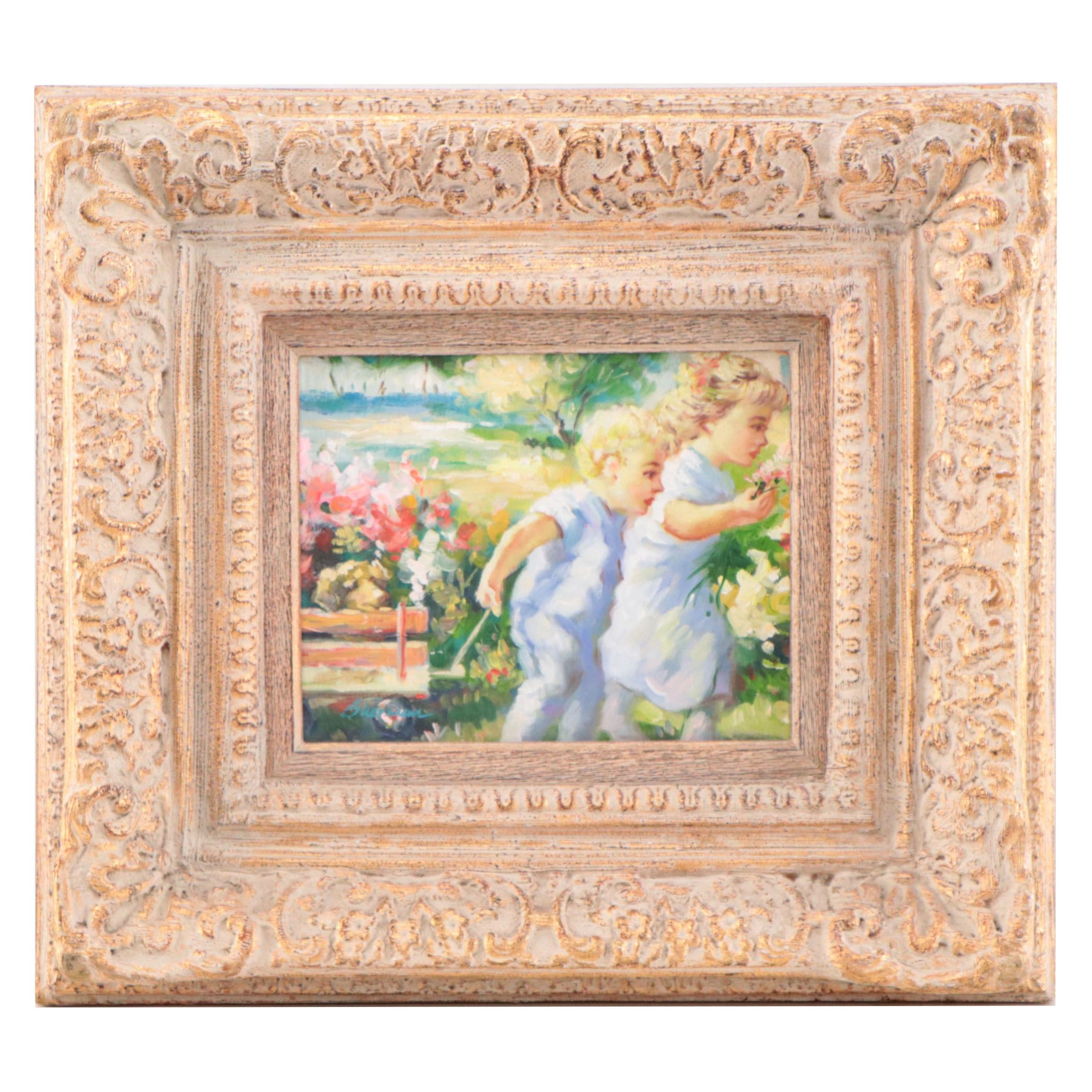 Genre Oil Painting of Children With Wagon of Flowers