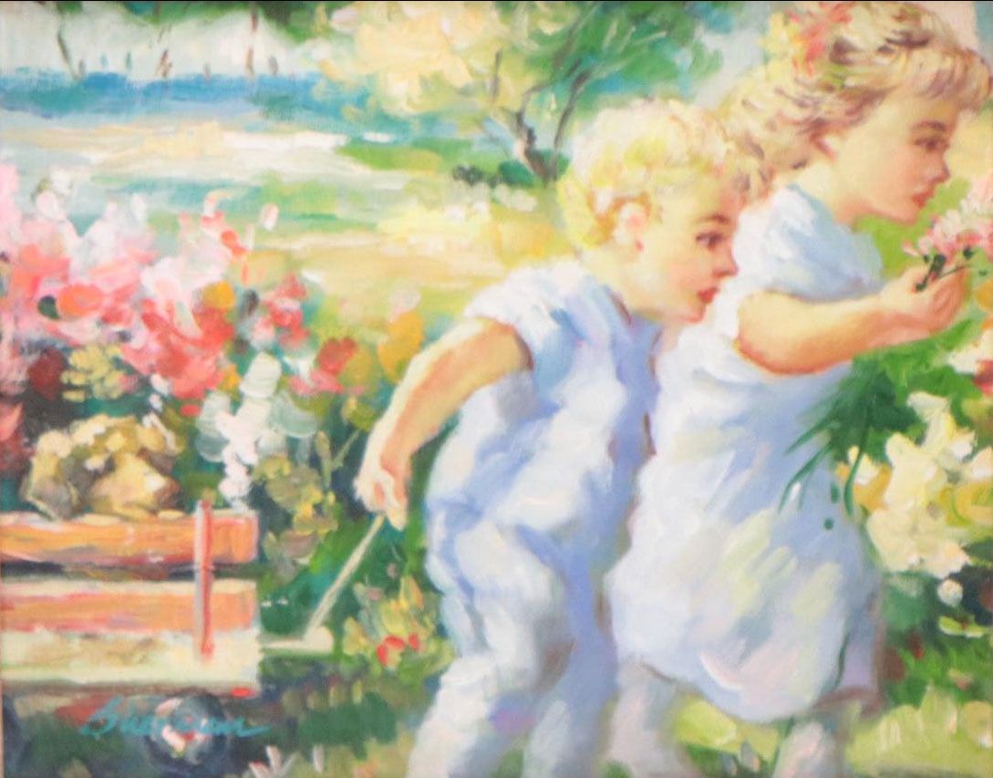 Genre Oil Painting of Children With Wagon of Flowers