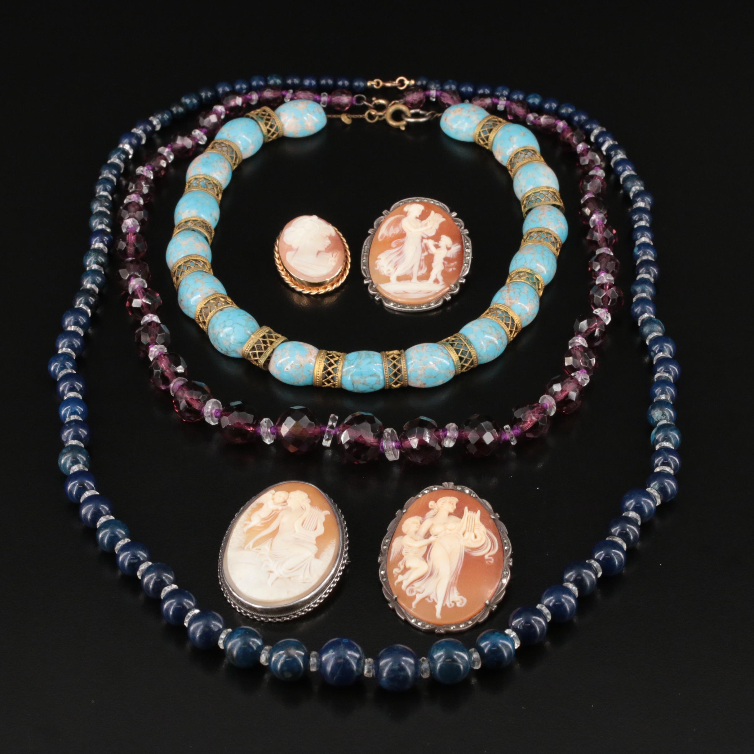 Sterling and 800 Silver Jewelry Grouping Featuring 14K Shell Cameo Brooch