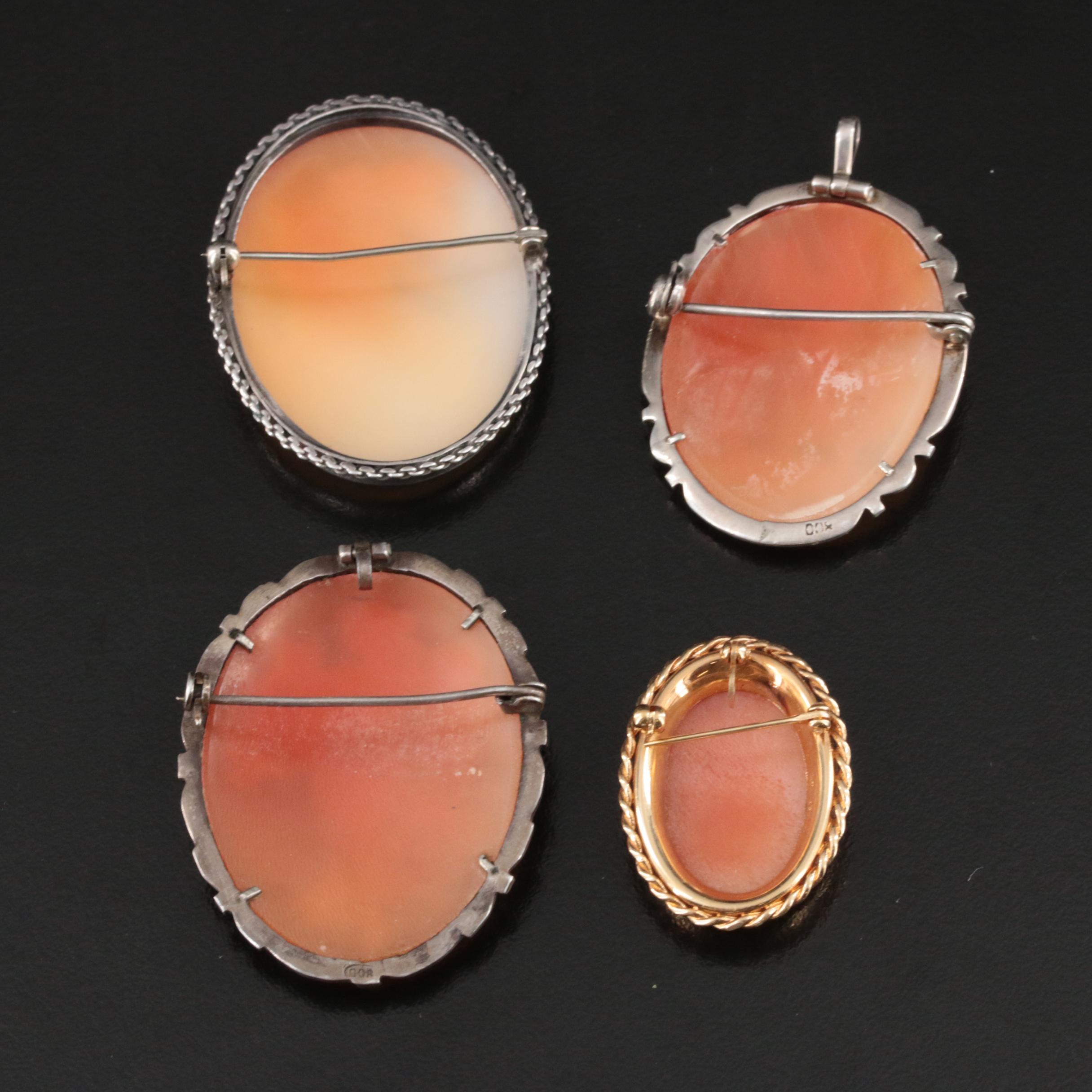 Sterling and 800 Silver Jewelry Grouping Featuring 14K Shell Cameo Brooch