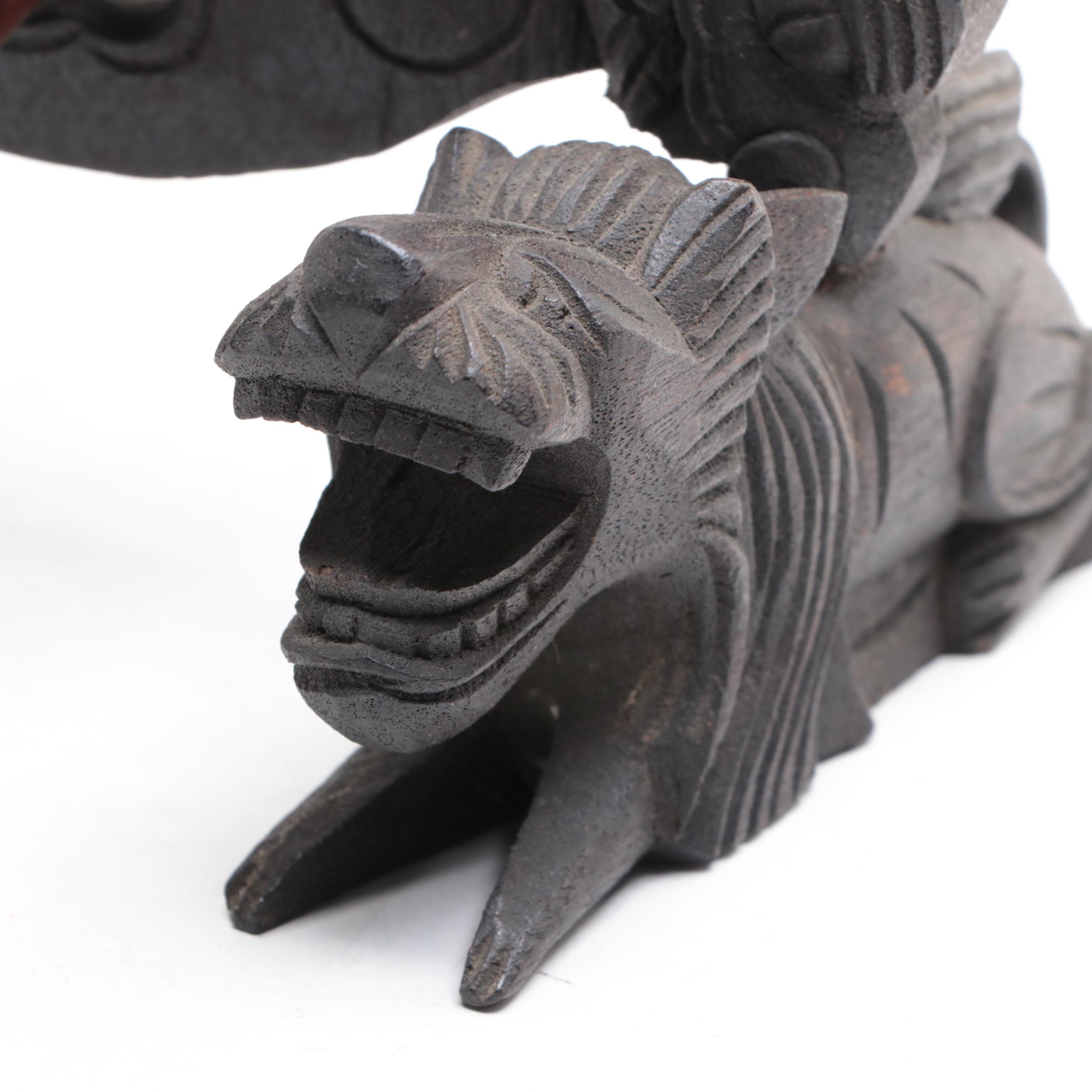 Chinese Dragon and Guardian Lion Brass, Wood and Metal Temple Gong Bell, 20th C.